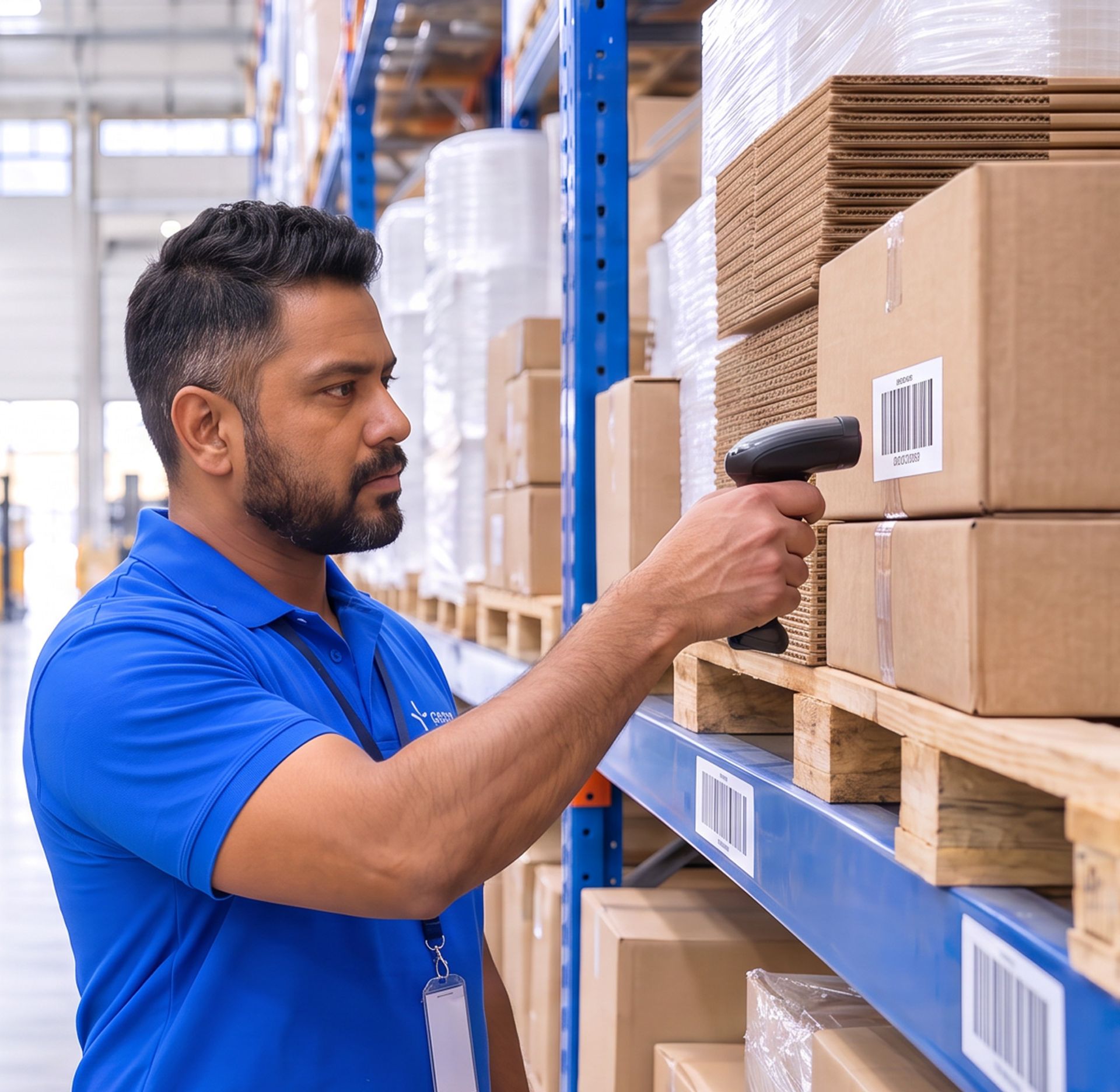 A man in a blue shirt scans a barcode on a box in a warehouse.