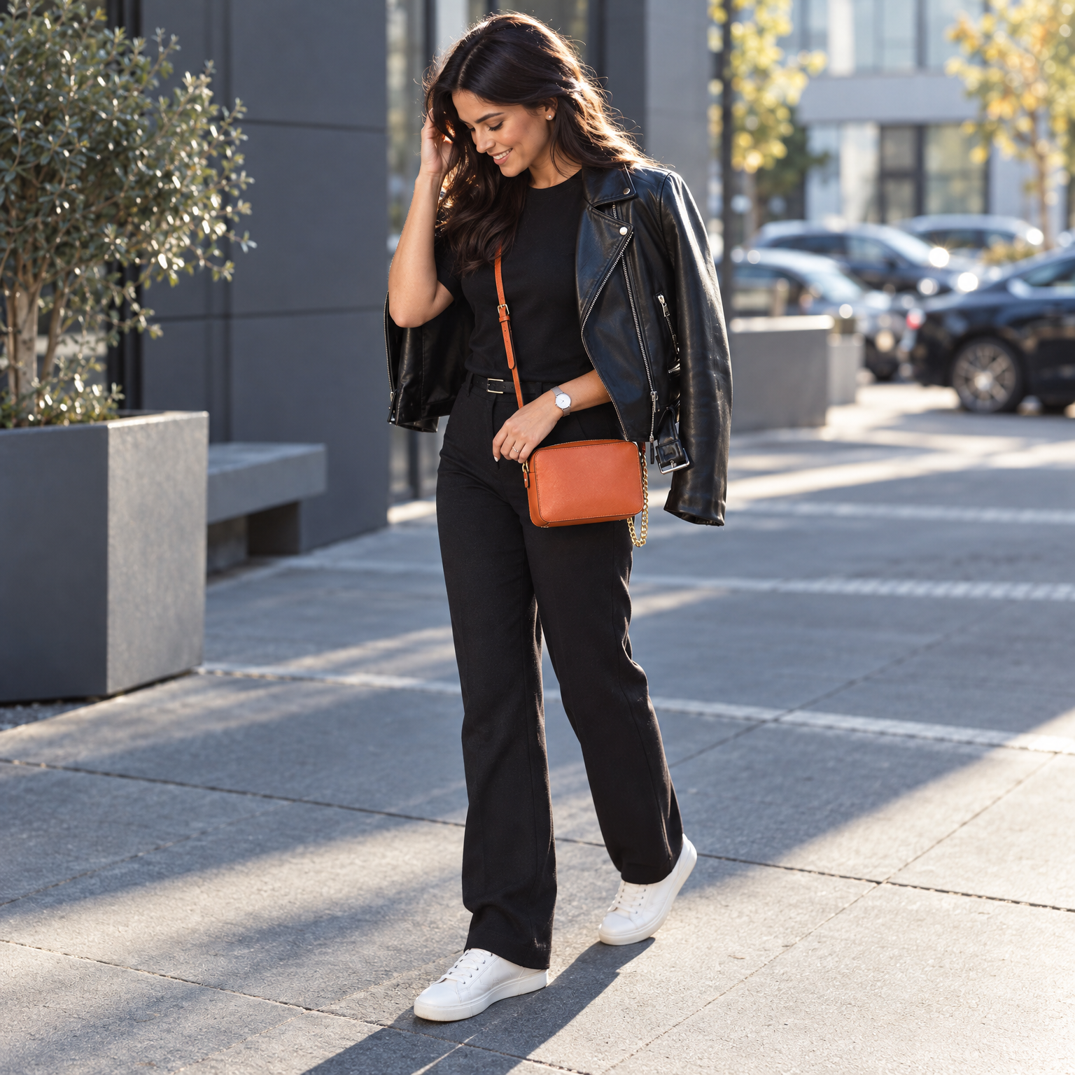 A smiling woman in a black leather jacket, black outfit, white sneakers, and a brown crossbody bag walks outdoors.