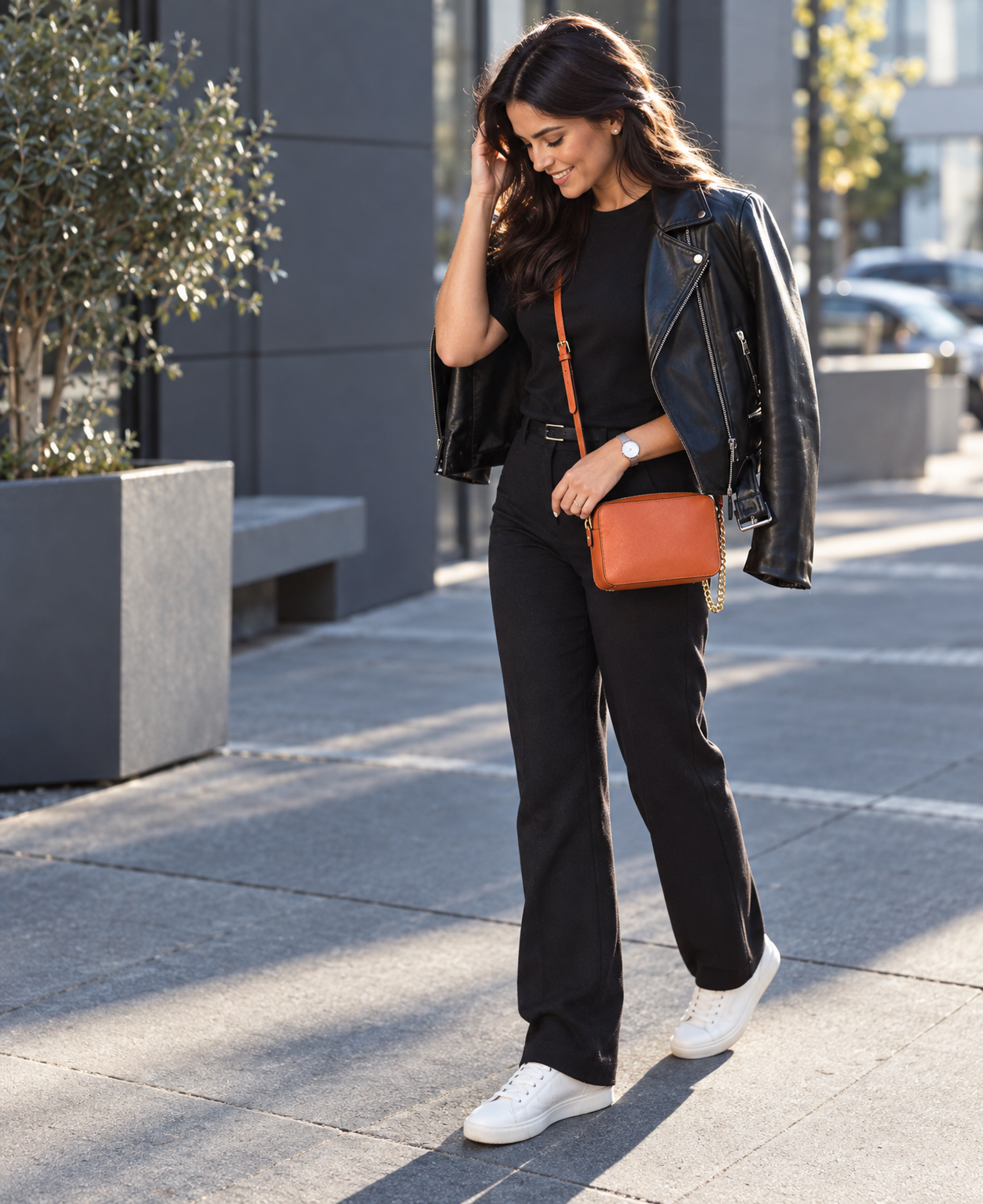 A smiling woman in a black leather jacket, black outfit, white sneakers, and a brown crossbody bag walks outdoors.