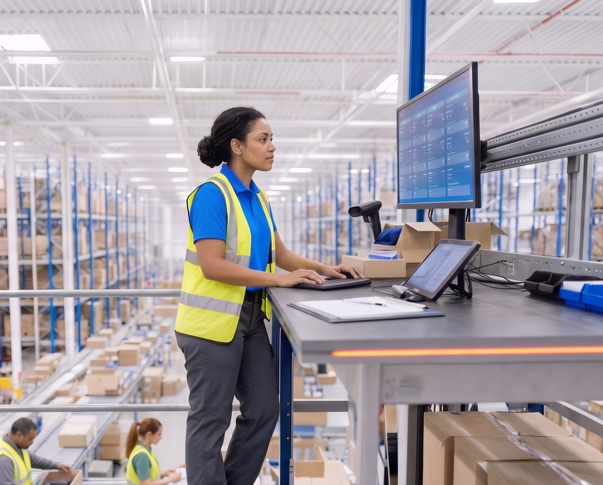 A woman in a safety vest works at a computer station overlooking a busy warehouse with workers and boxes on conveyor belts.