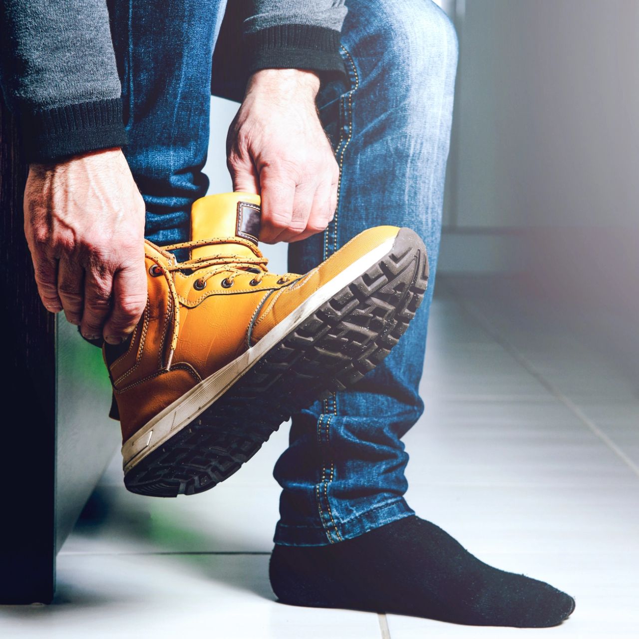 Une personne enfilant une chaussure de travail beige.