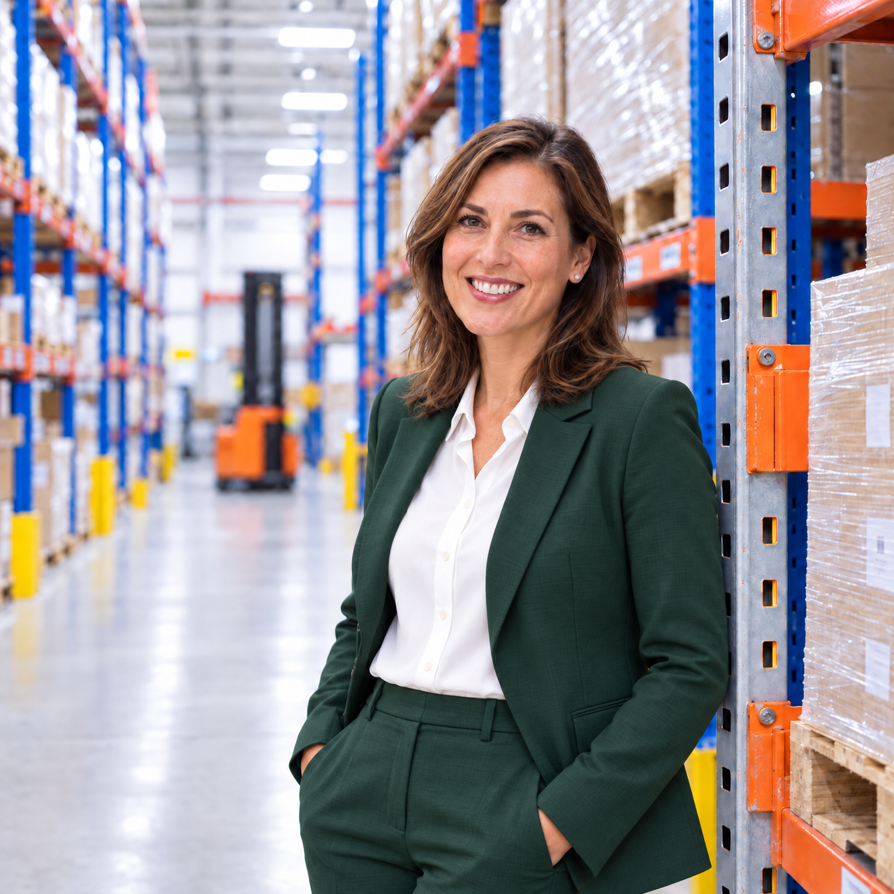 A smiling woman in a green pantsuit stands in a warehouse.