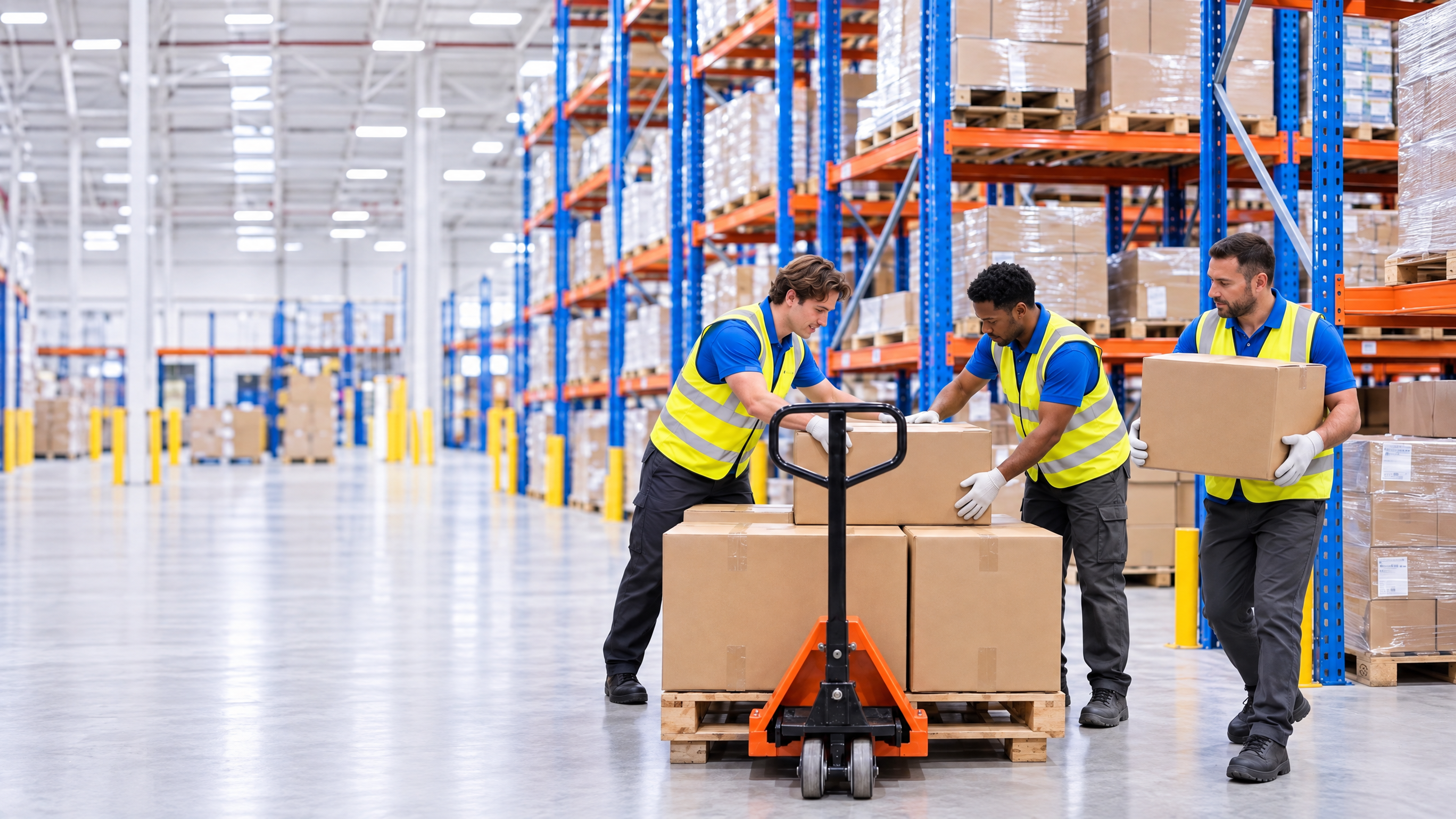 Three warehouse workers in safety vests moving boxes with a pallet jack.