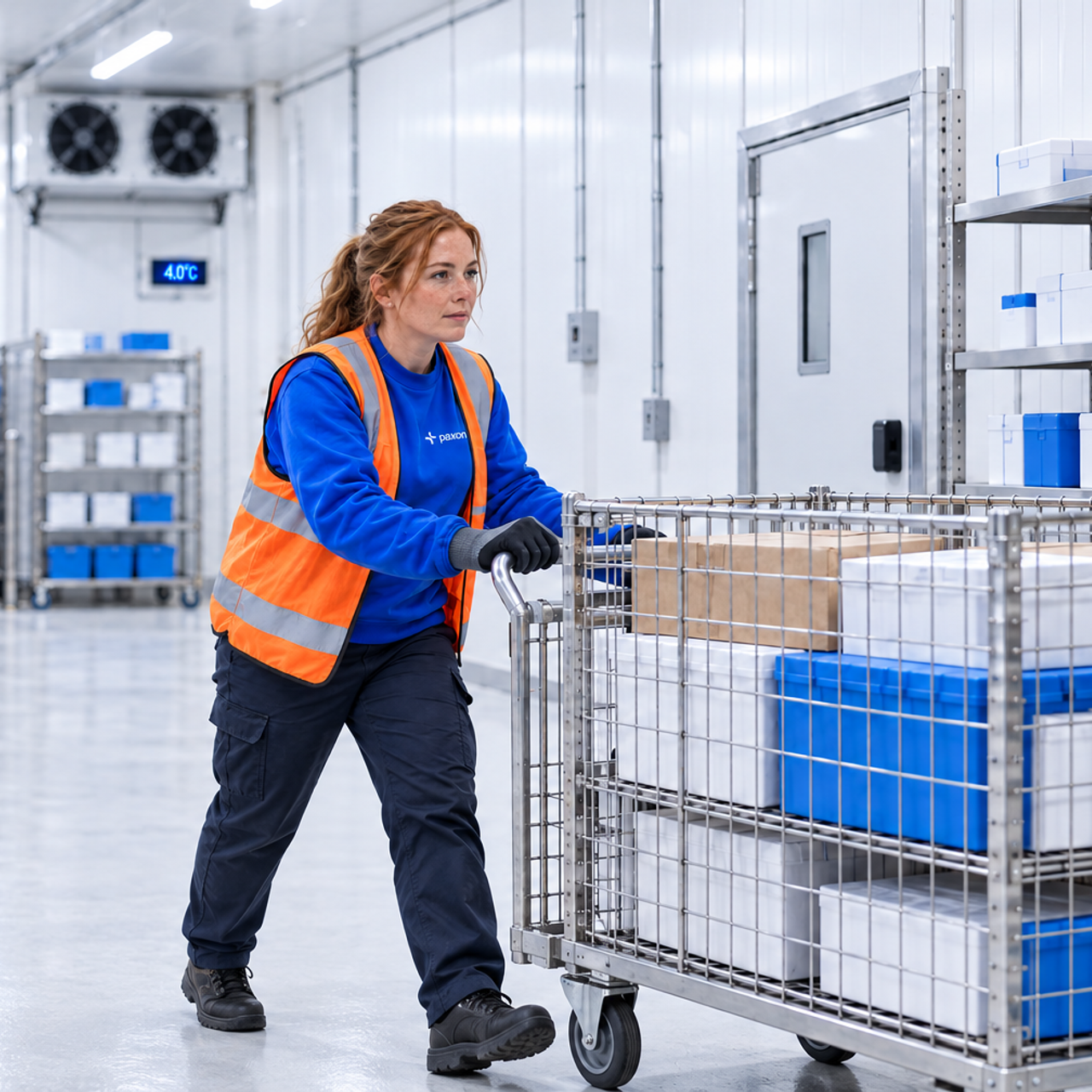 A woman in a safety vest pushes a cart of boxes in a cold storage warehouse.