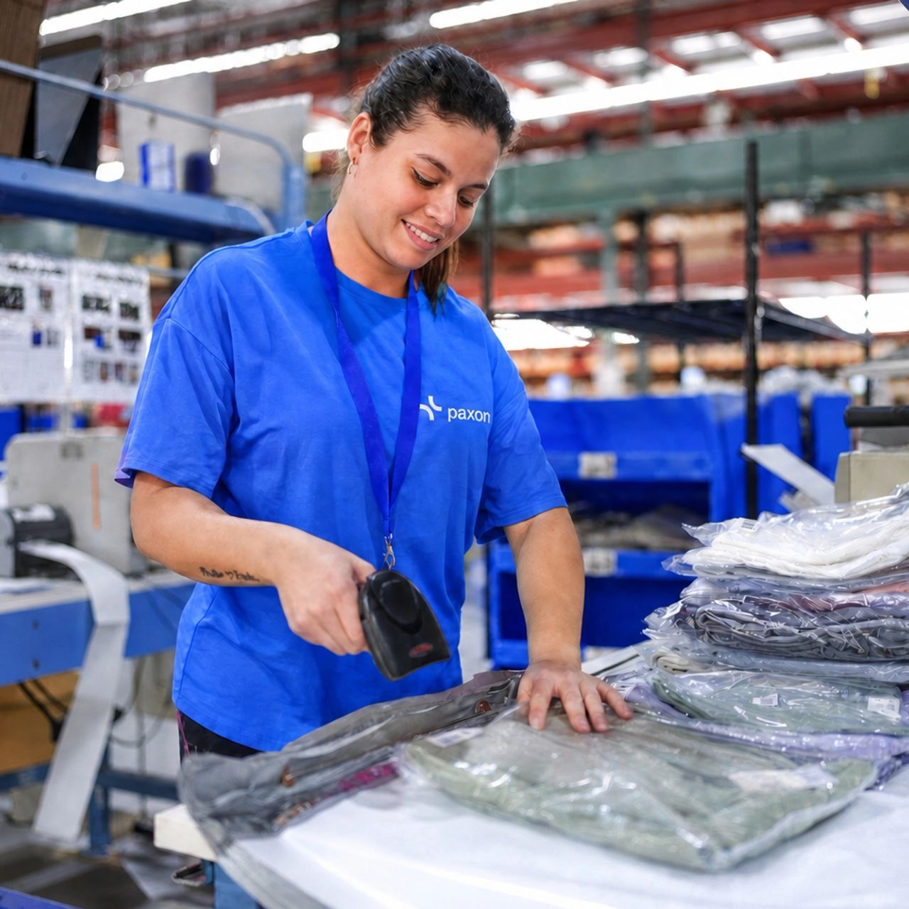 Une femme en t-shirt bleu Paxon sourit en scannant un article emballé sous film plastique dans un entrepôt.