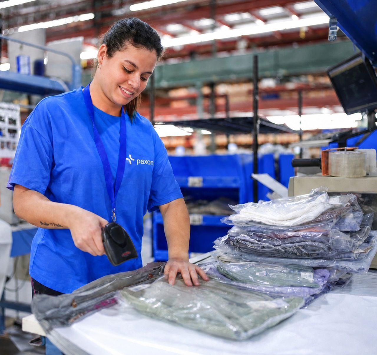 Woman in a blue Paxton shirt scanning a packaged item in a warehouse.