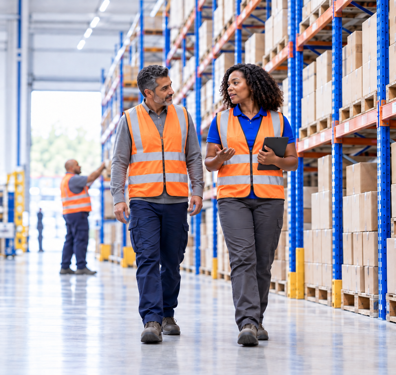 Two workers in orange safety vests walk and talk in a warehouse with shelves of boxes.