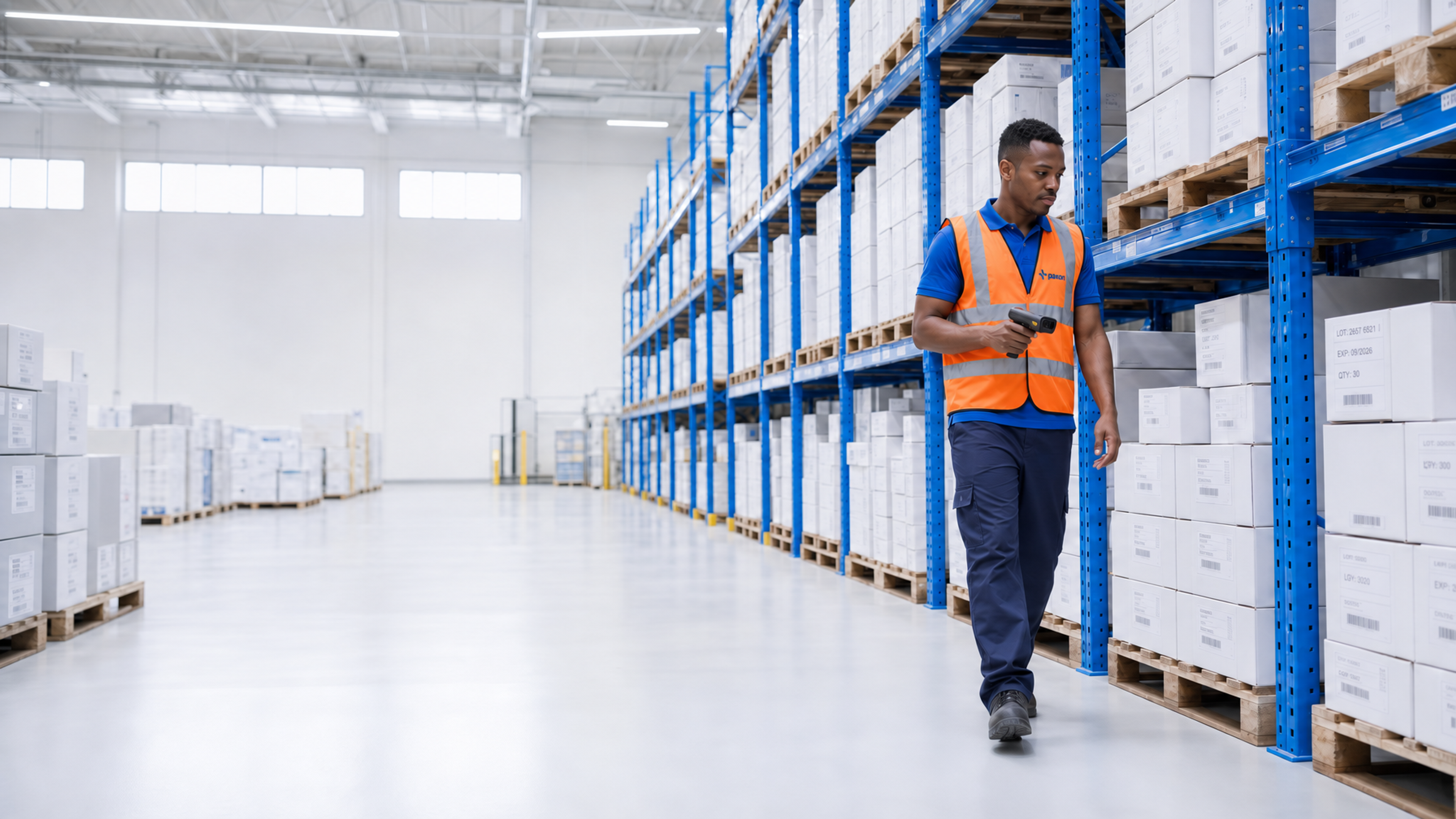 Dans un entrepôt, un employé portant un gilet orange pousse une grande pile de cartons sur une palette.