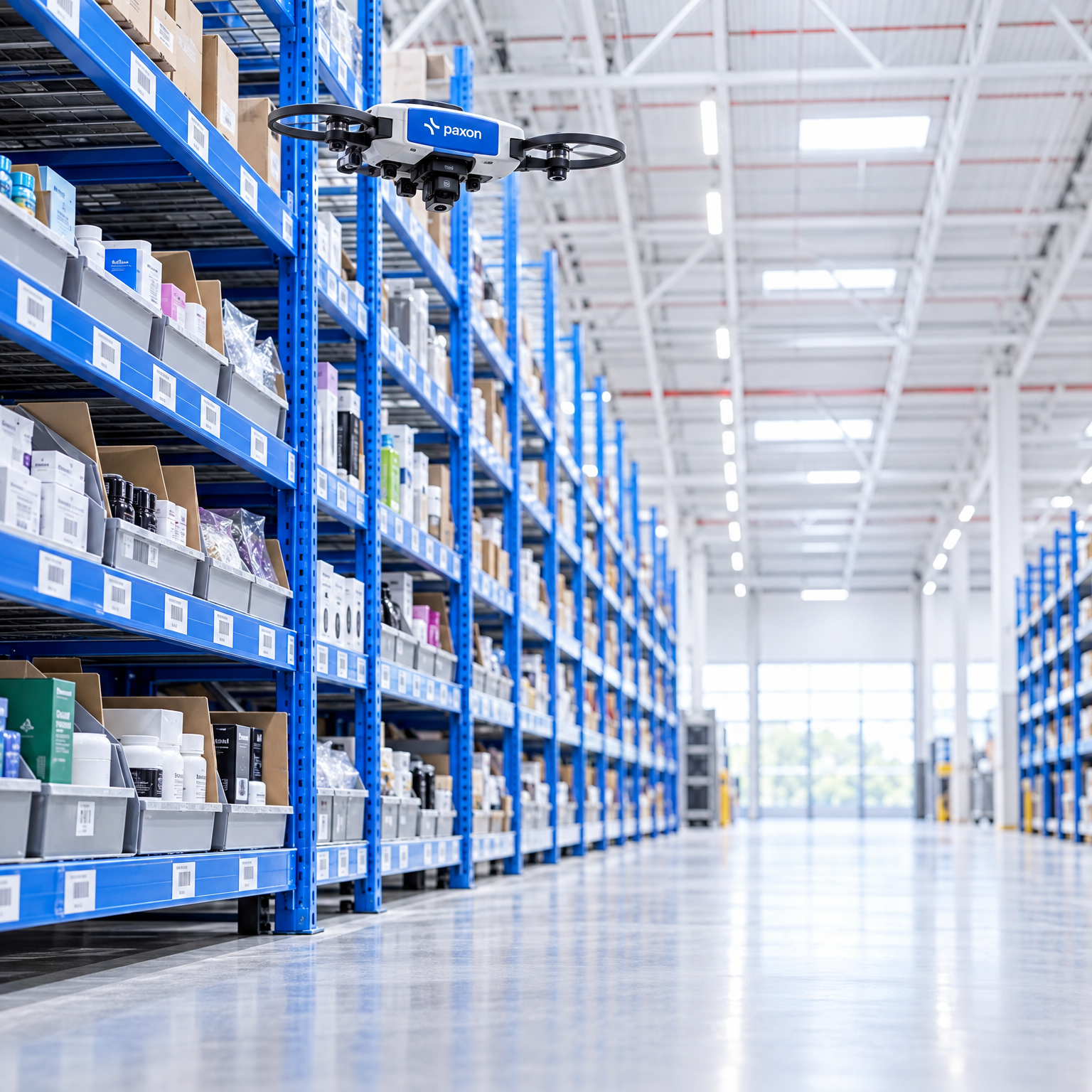 A Paxon drone flies along tall shelves filled with products in a large warehouse.