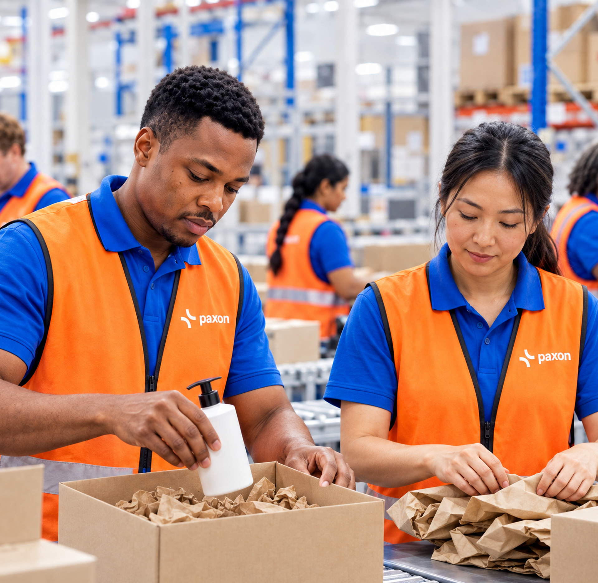 Two paxon employees packing in a warehouse.