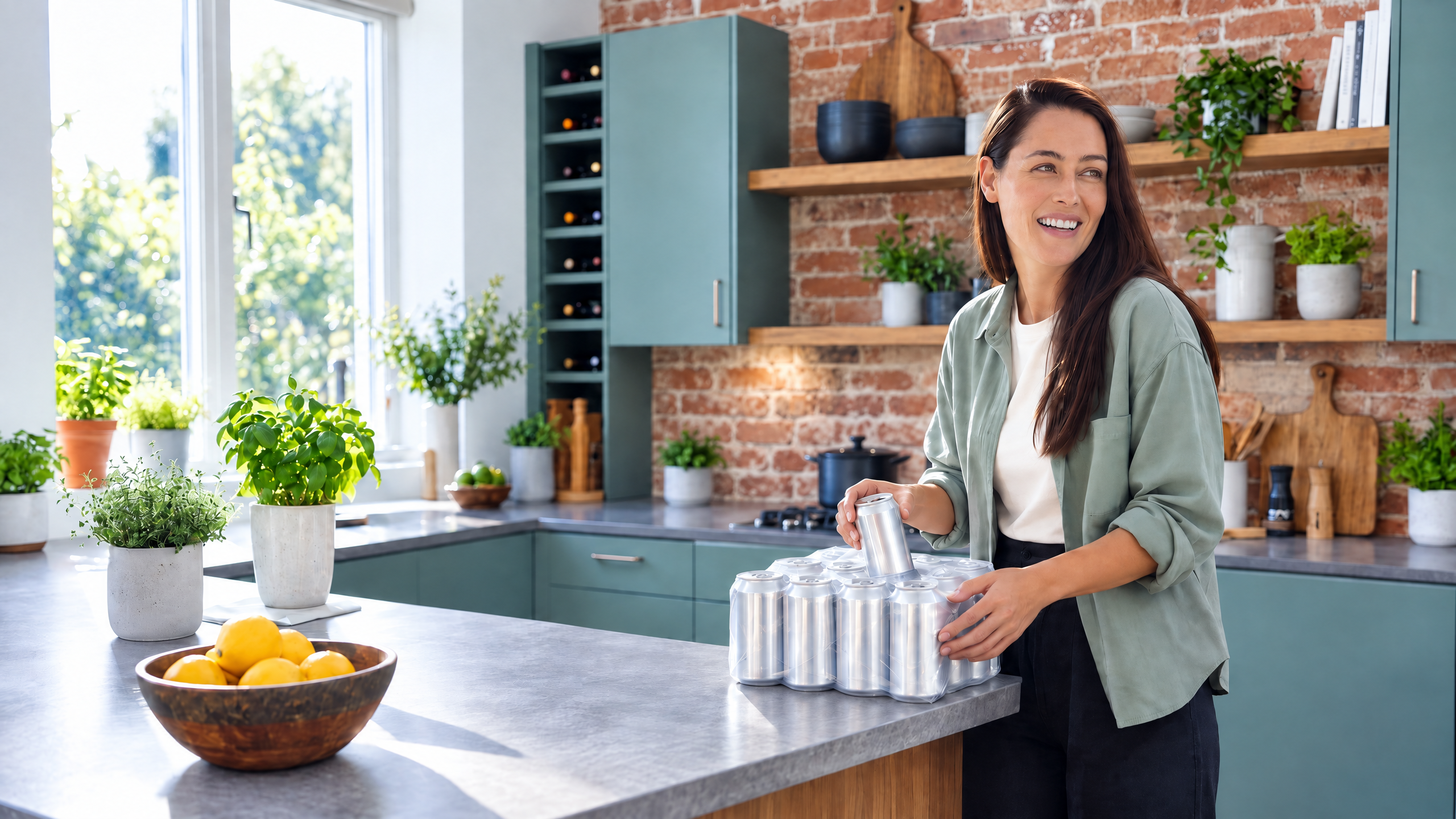 A smiling woman places a 24-pack of silver cans on a modern kitchen counter.