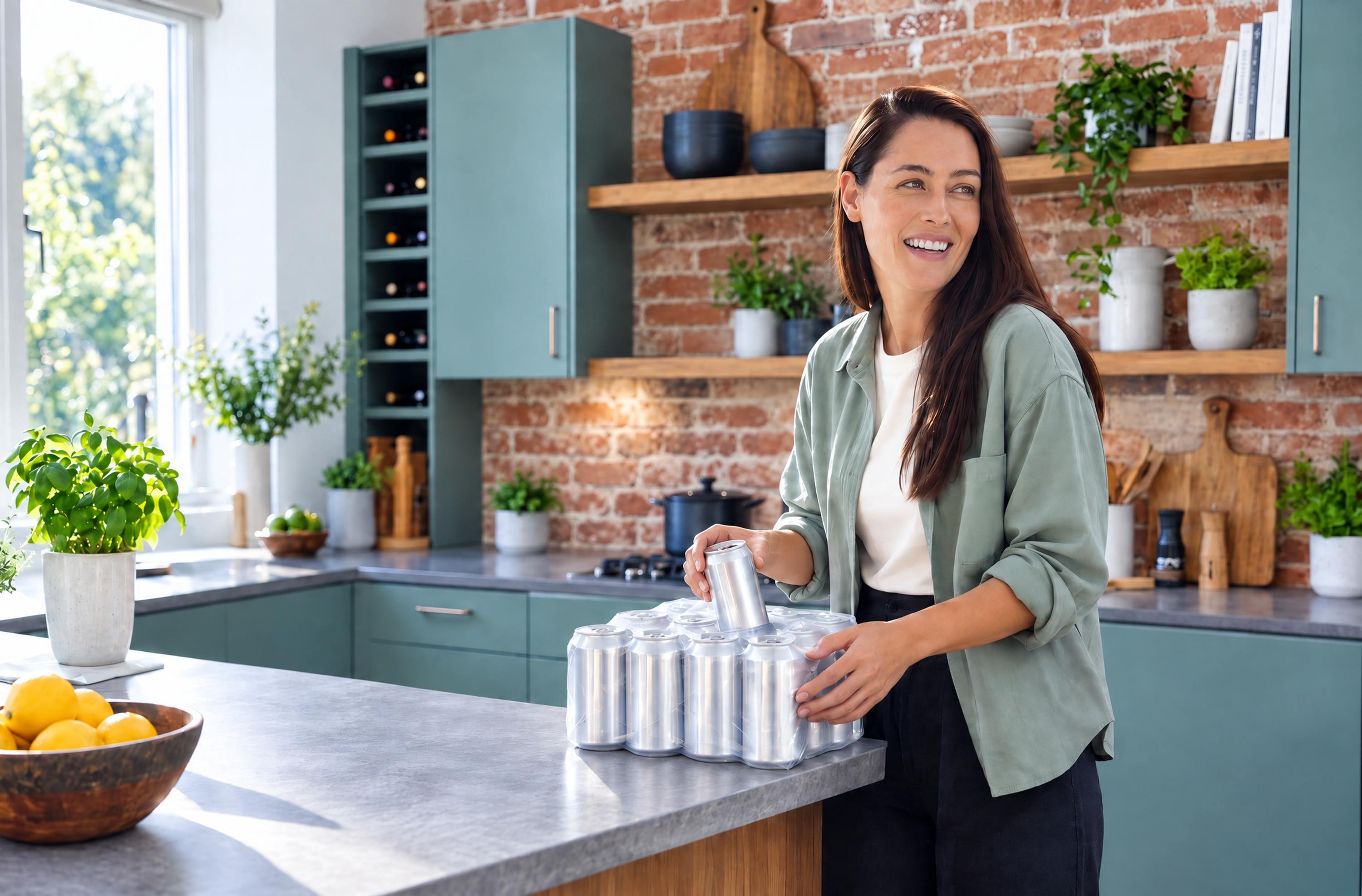 A smiling woman places a 24-pack of silver cans on a modern kitchen counter.
