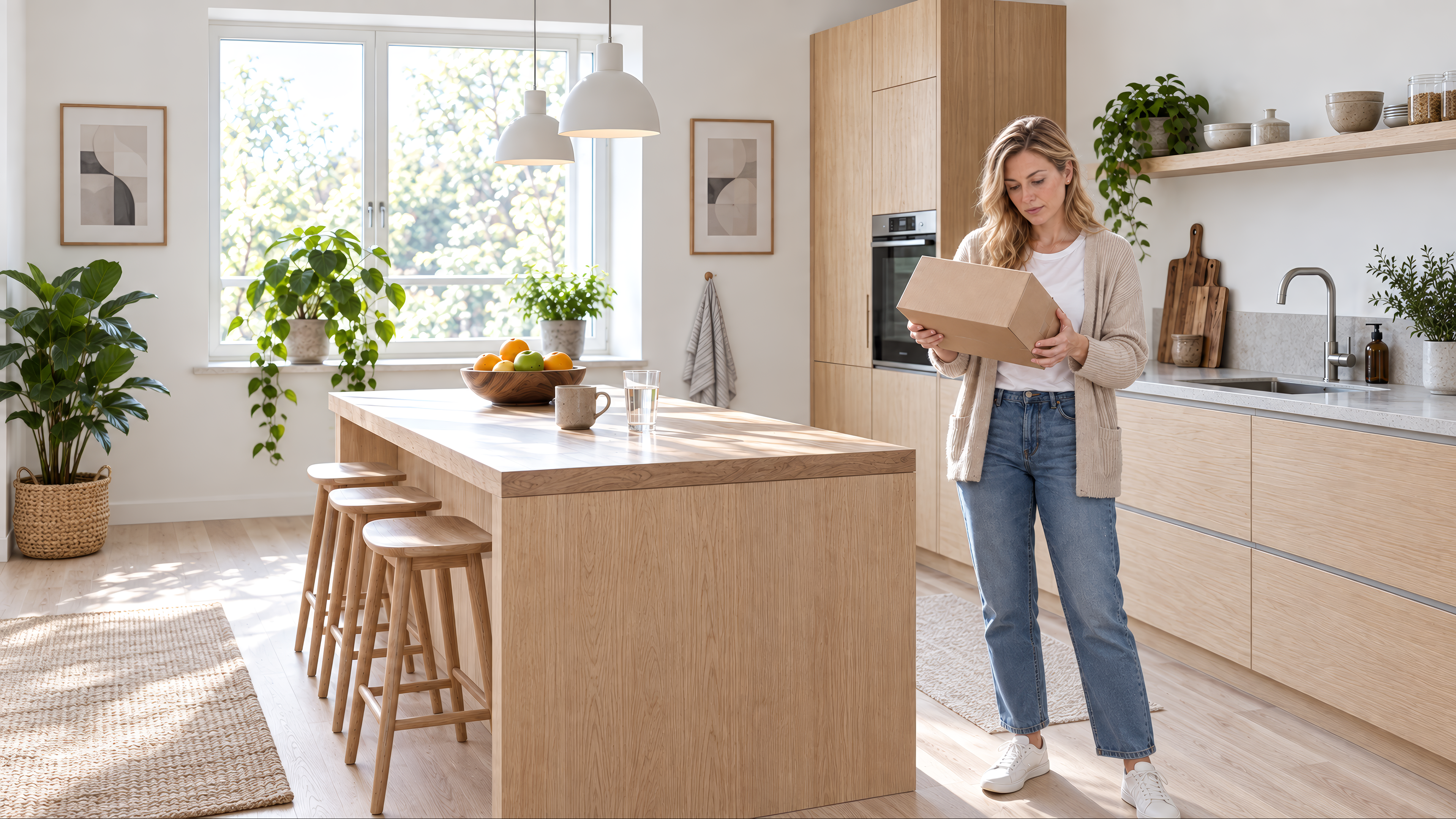Une femme et un homme marchent et discutent dans un grand entrepôt moderne.