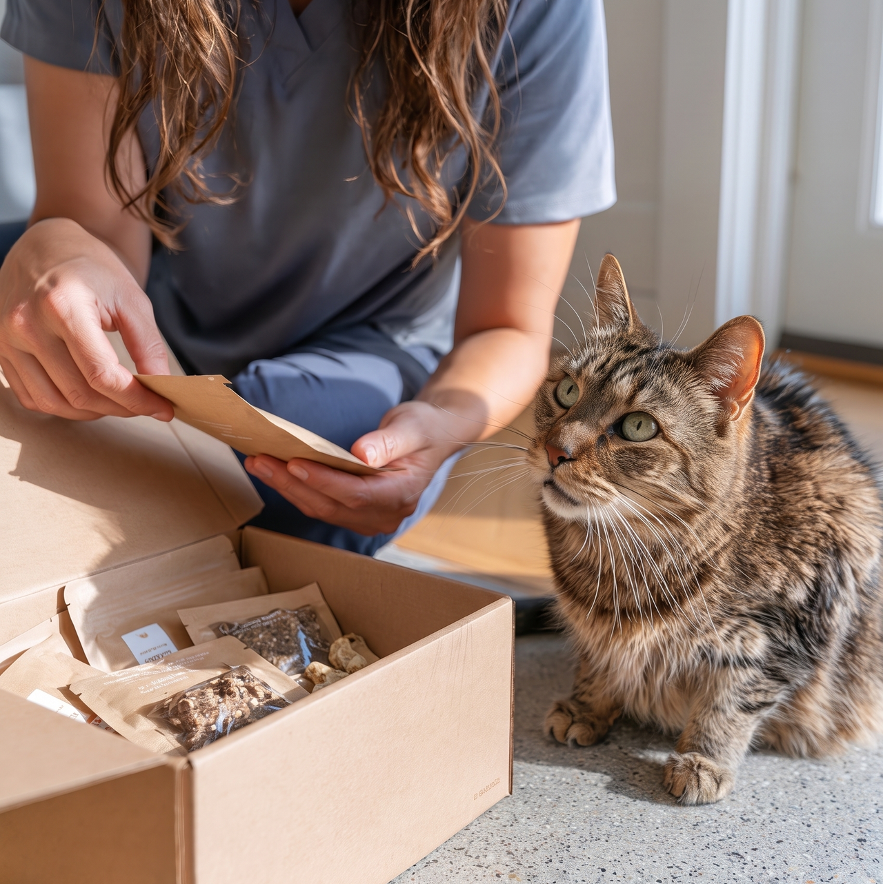 Person opening a box of cat treats, watched by a tabby cat.