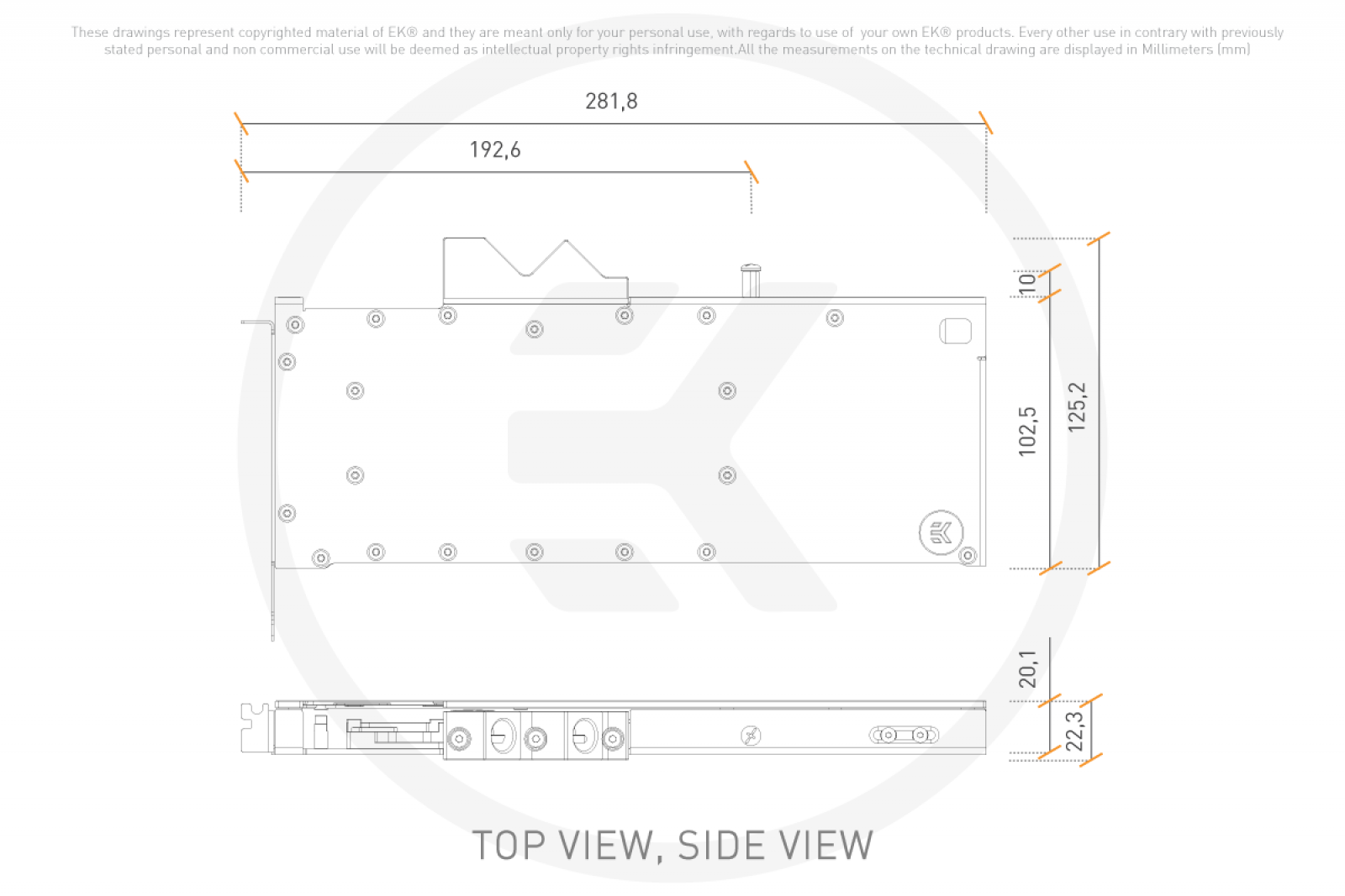 Top & side view, in millimetres