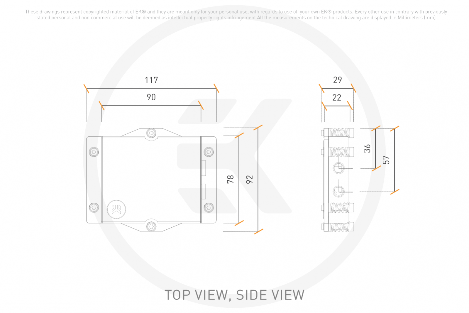 Top & side view, in millimetres