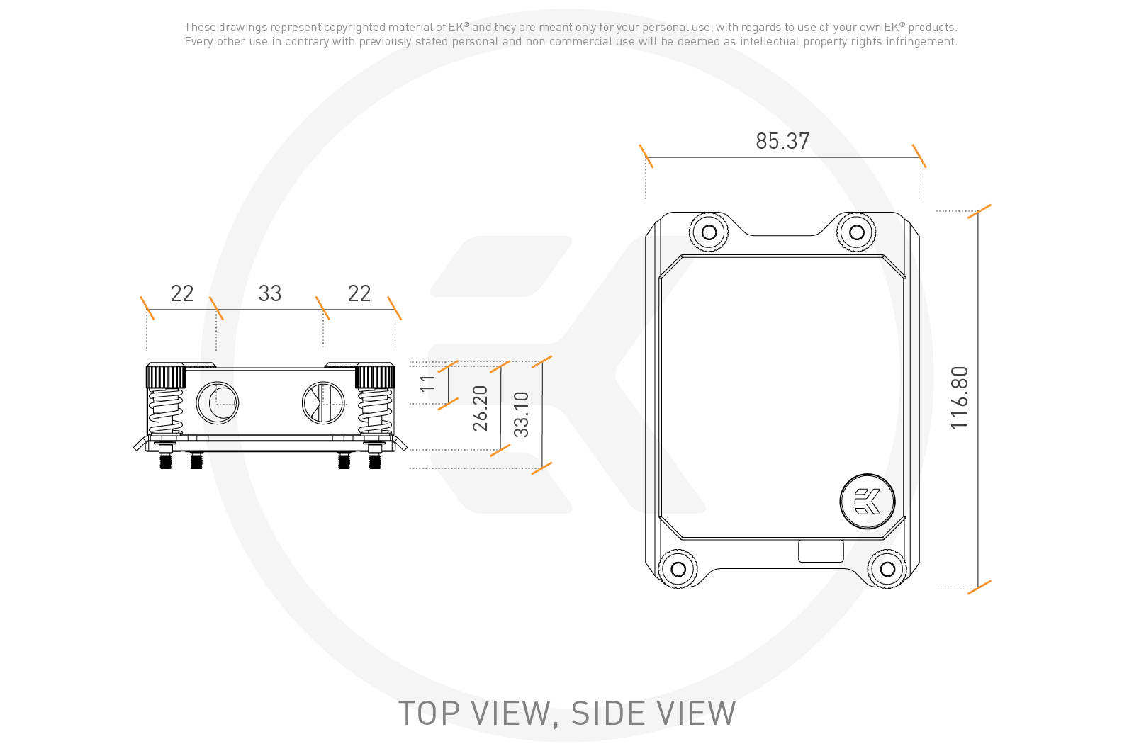 Top & side view, in millimetres