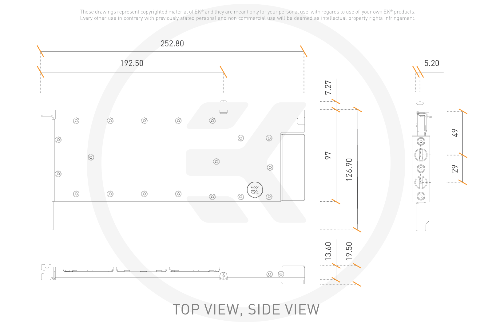Top & side view, in millimetres