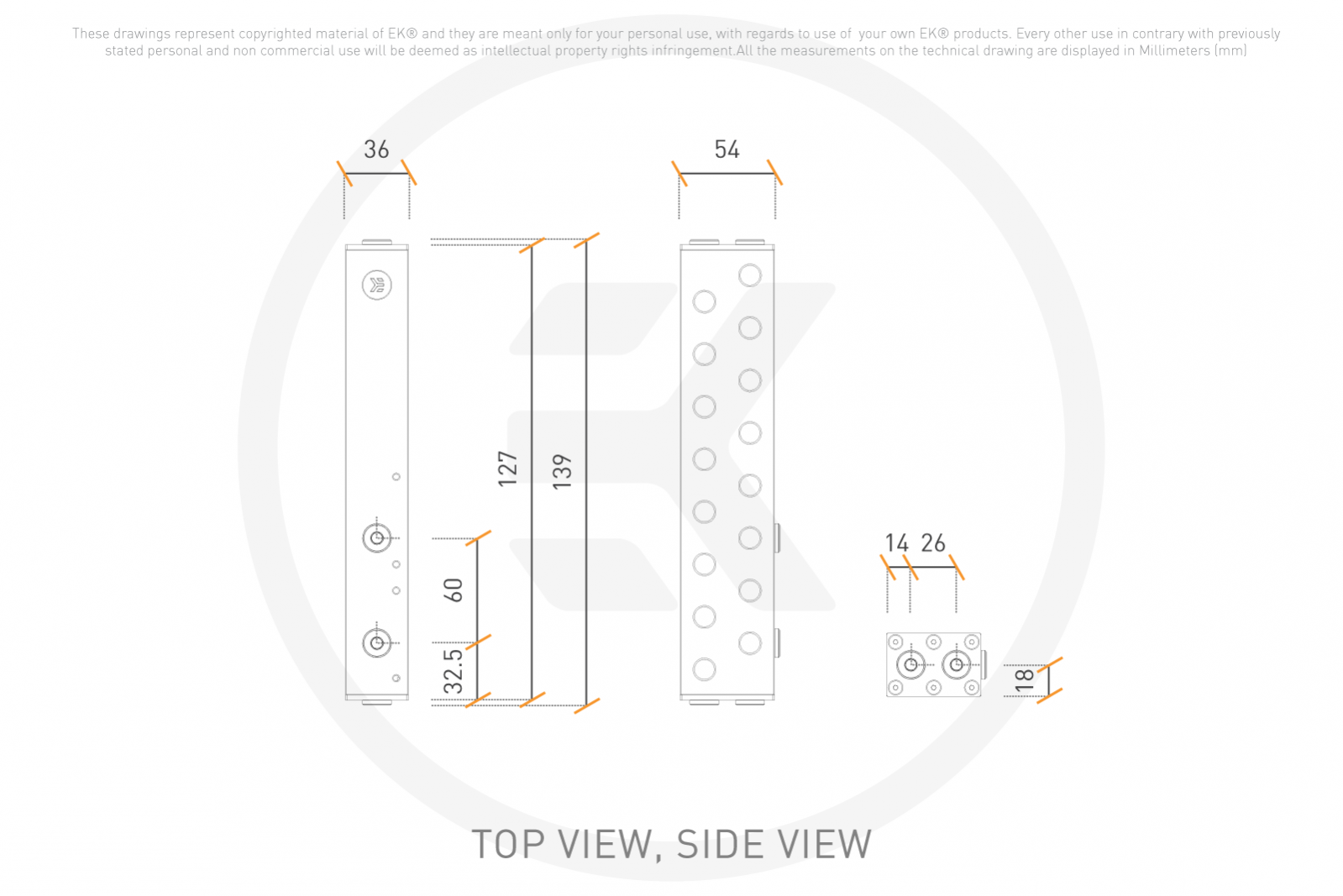 Top & side view, in millimetres