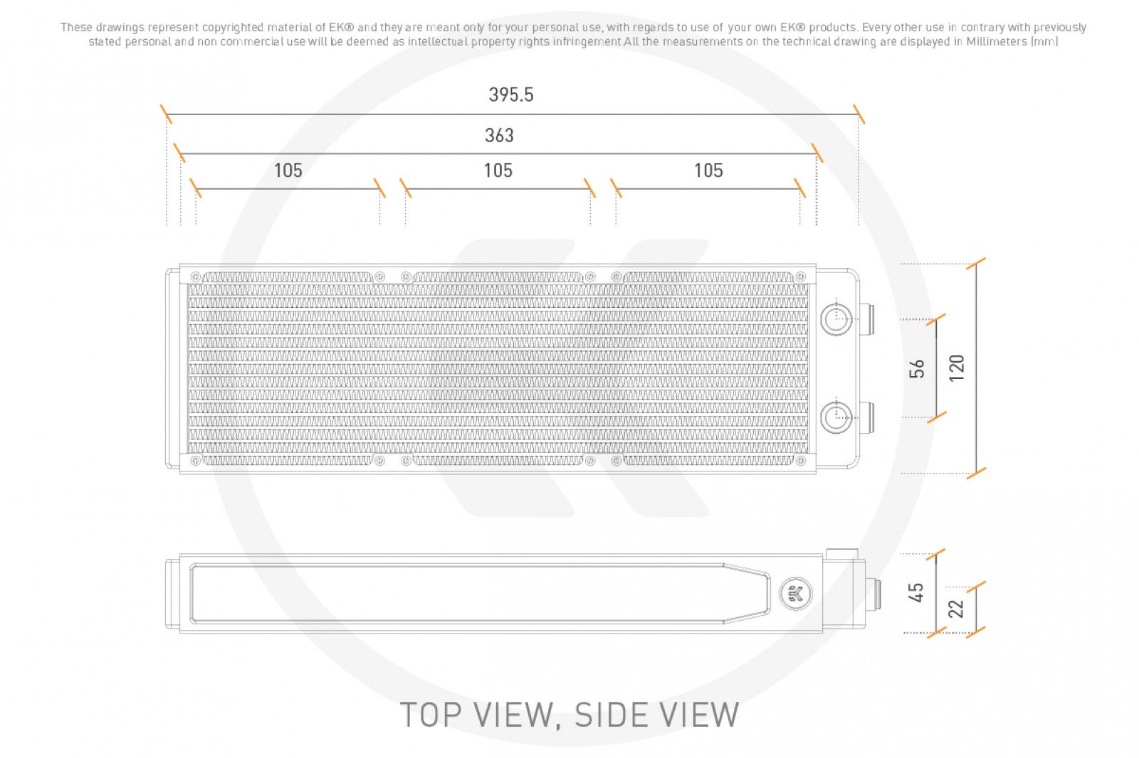 Top & side view, in millimetres