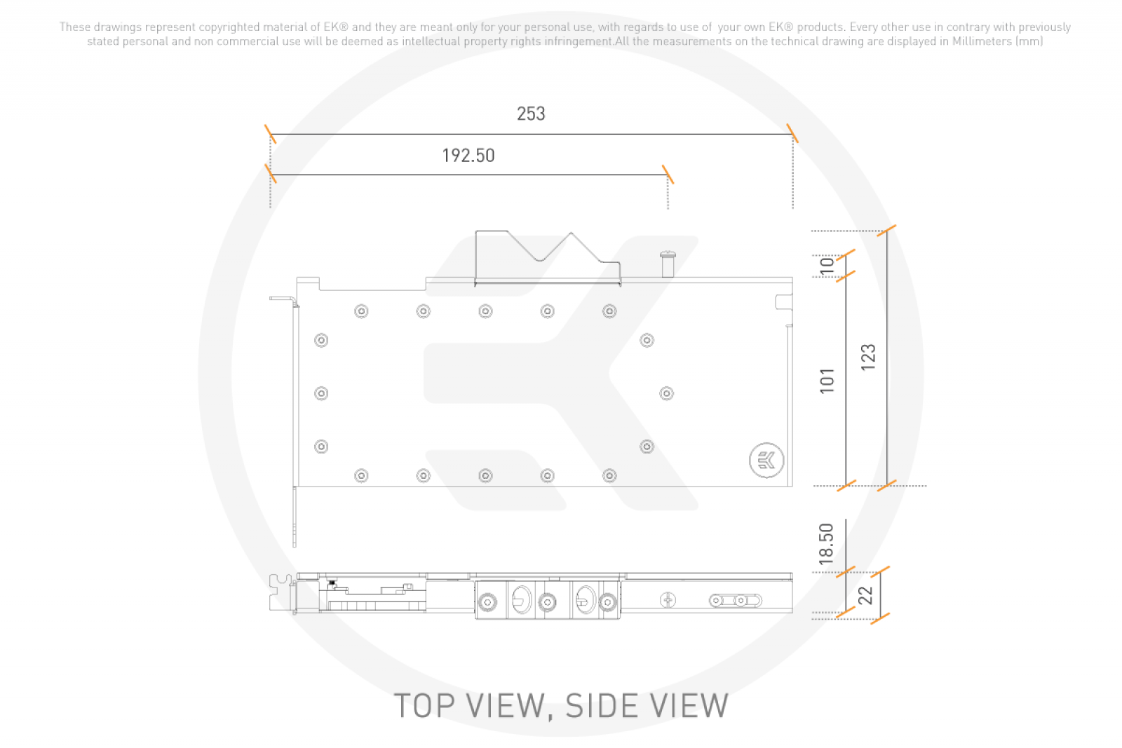 Top & side view, in millimetres