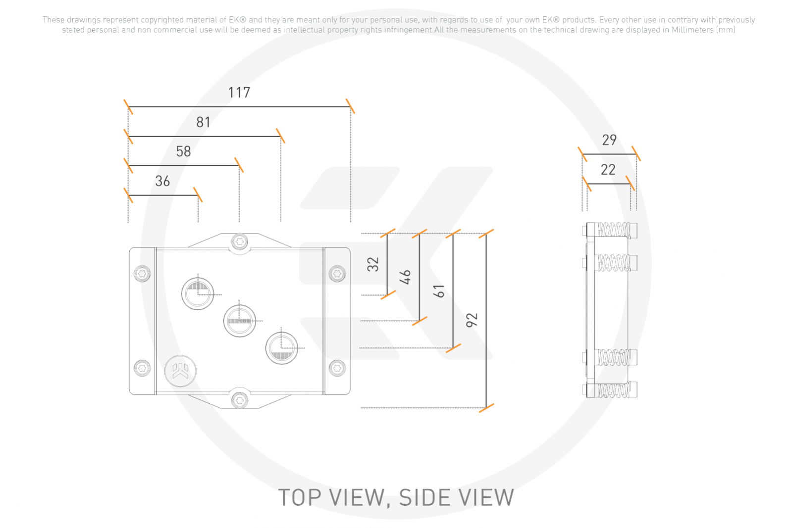 Top & side view, in millimetres