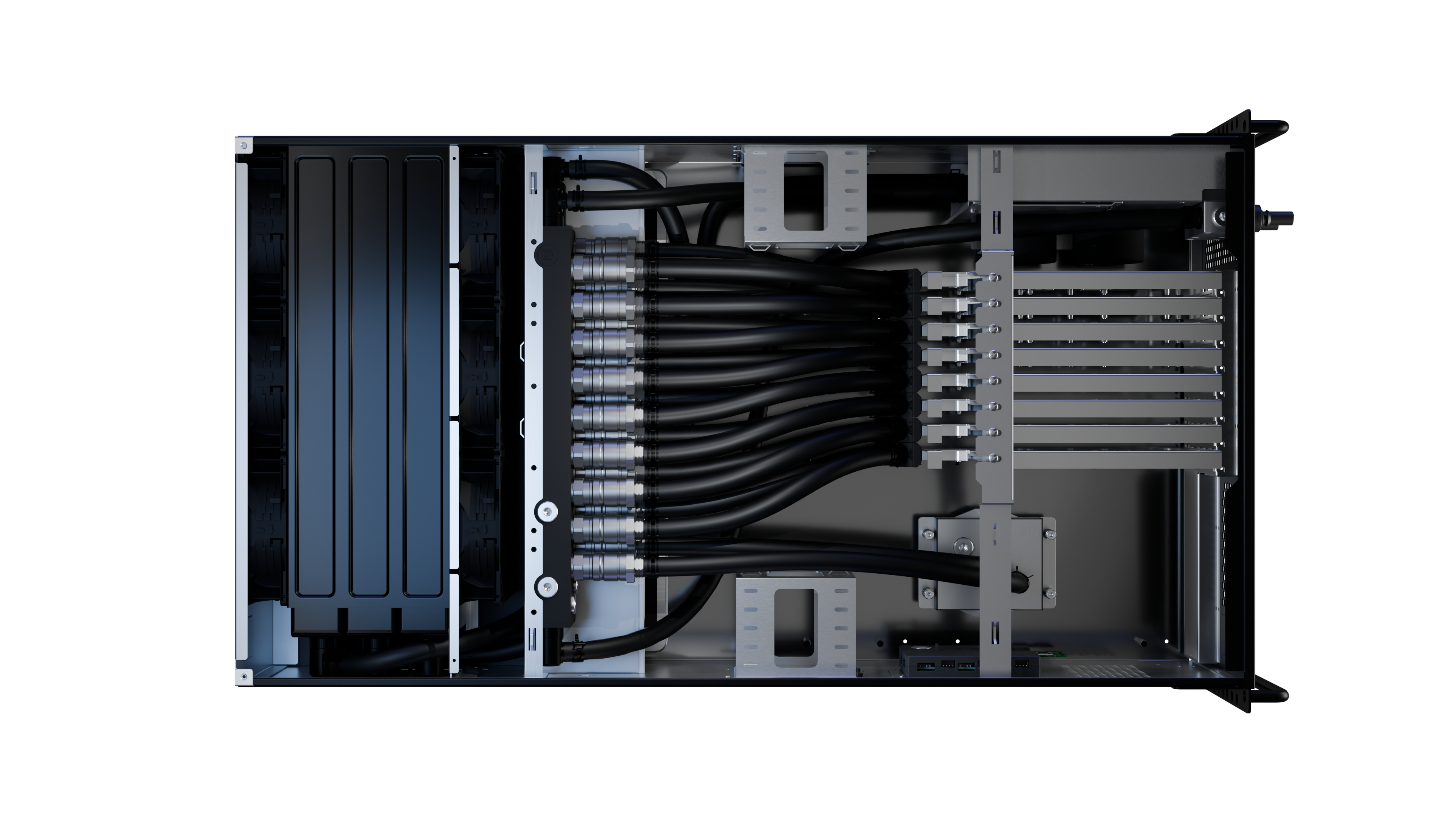 RM-4U8G dimensional drawing — front, side, and rack envelope. All measurements in mm.