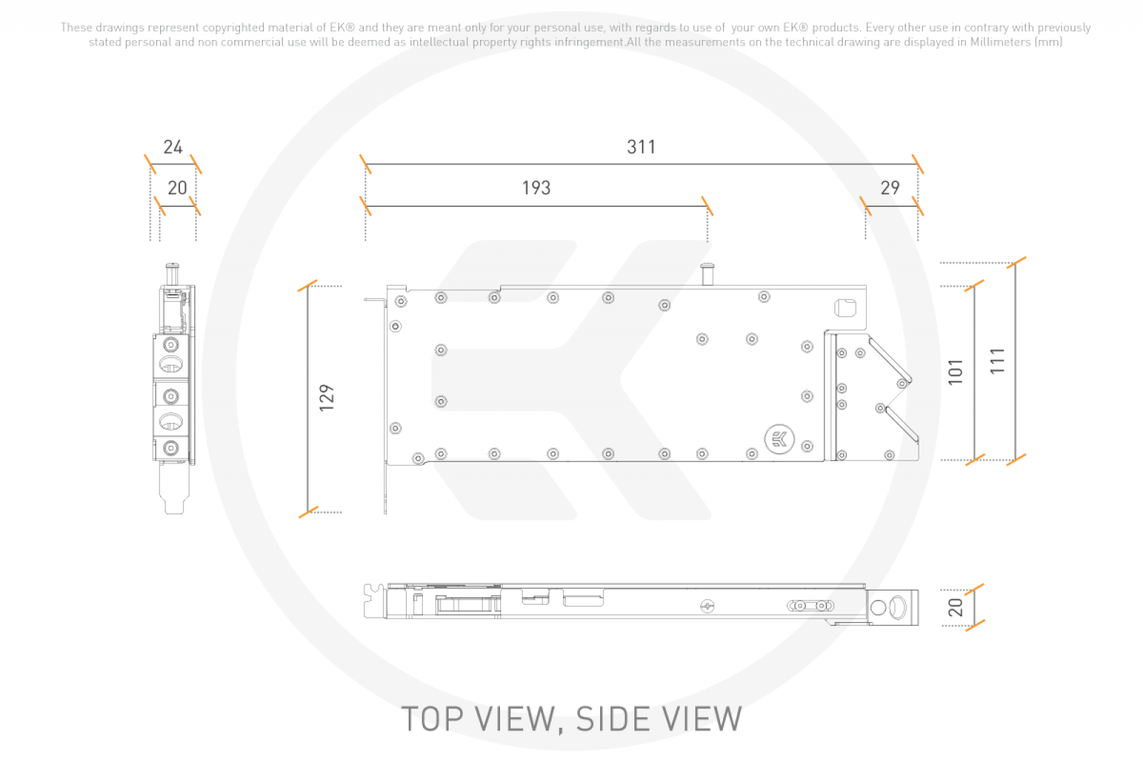 Top & side view, in millimetres