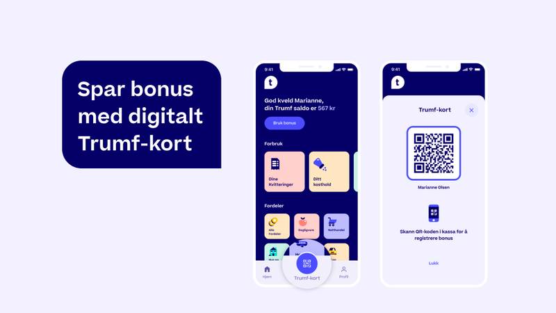 Et banner som viser trumf-appen "spar bonus med digitalt trumf-kort"