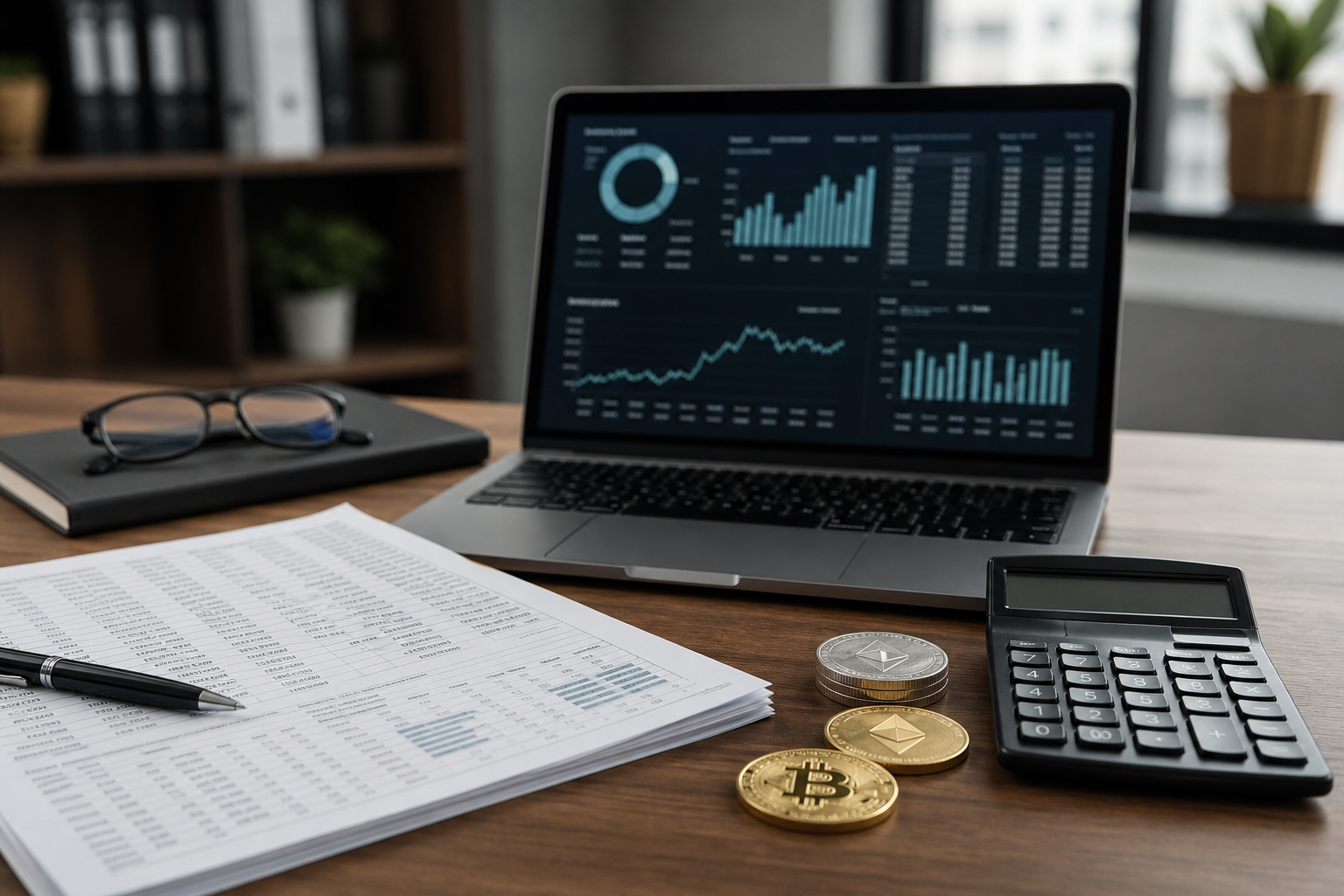An accountant's workspace with a reconciliation dashboard on a laptop, a printed ledger, a calculator, and stacked crypto coins