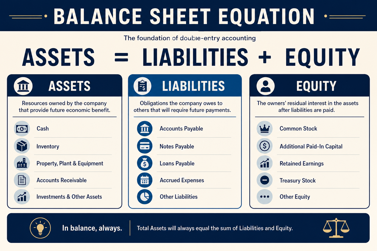 Annotated balance sheet diagram highlighting current assets liabilities and equity sections