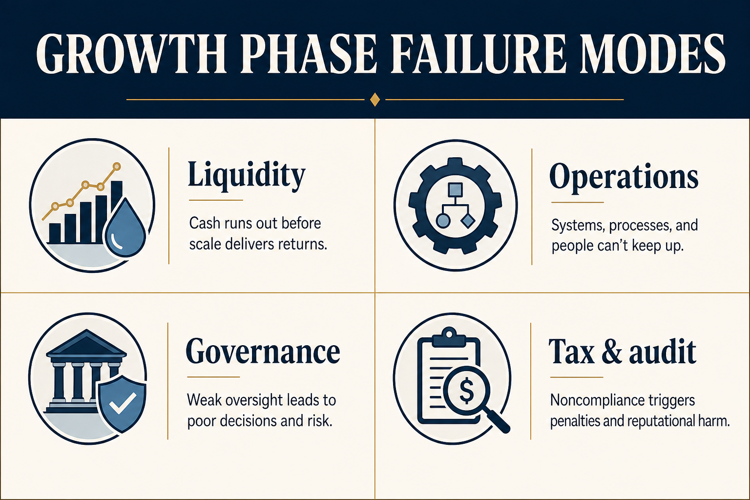 Flow diagram of five growth failure modes from cash timing to compliance debt for UAE SMEs