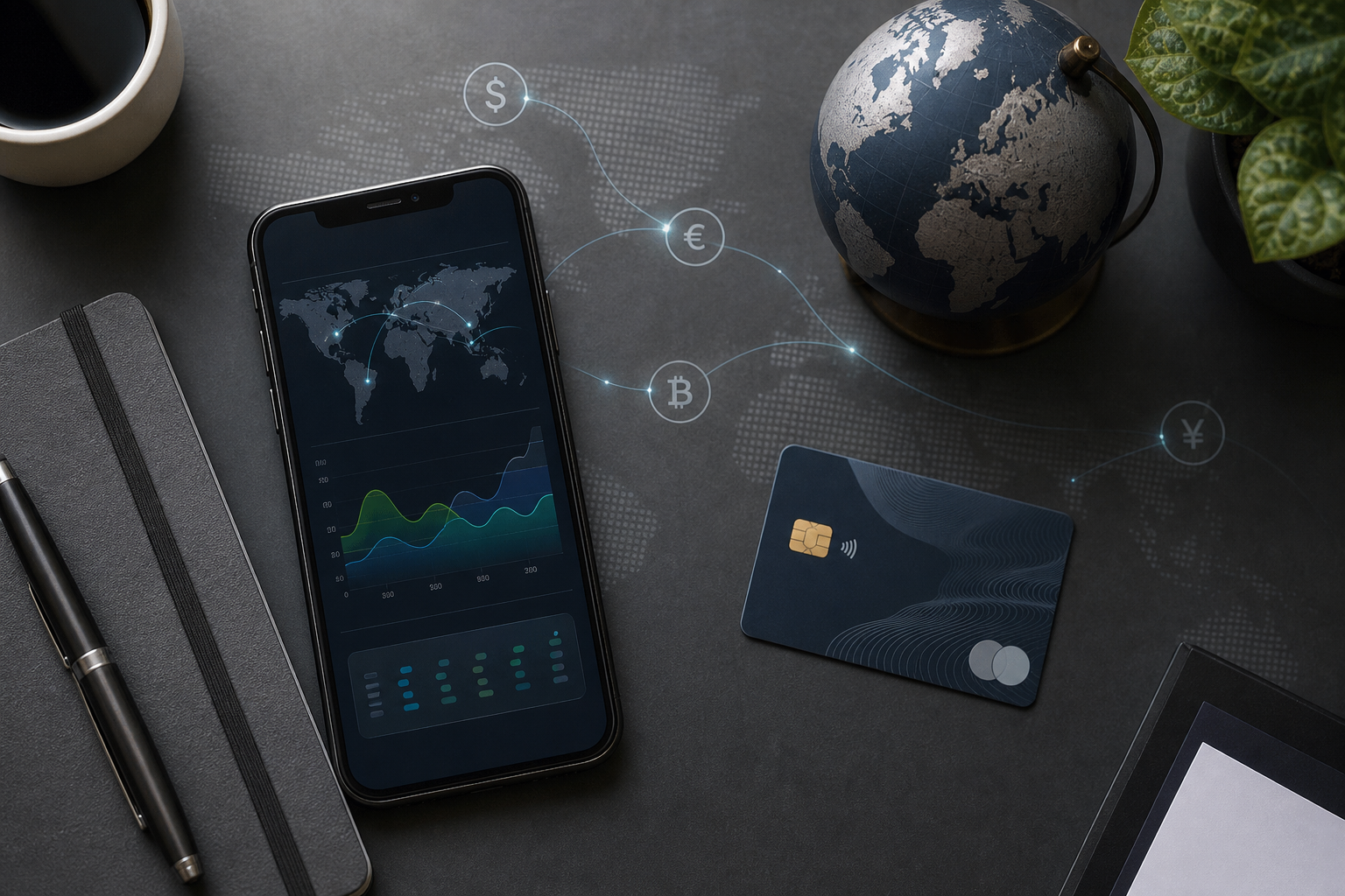 Overhead view of a phone showing a payment dashboard, a bank card, and a globe with currency symbols connected by lines