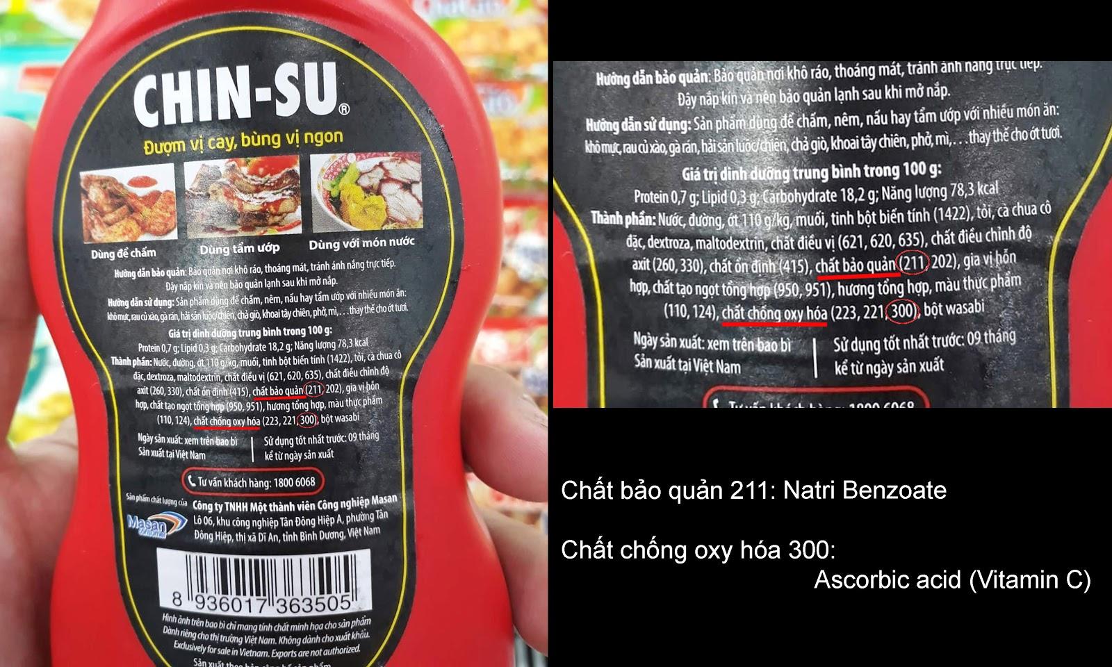 Hàm lượng chất bảo quản in trên nhãn chai tương ớt Chinsu