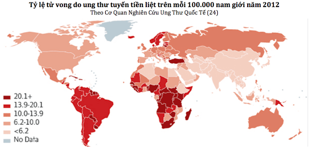 Tỷ lệ tử vong do ung thư tuyến tiền liệt ở nam giới theo các nước, năm 2012