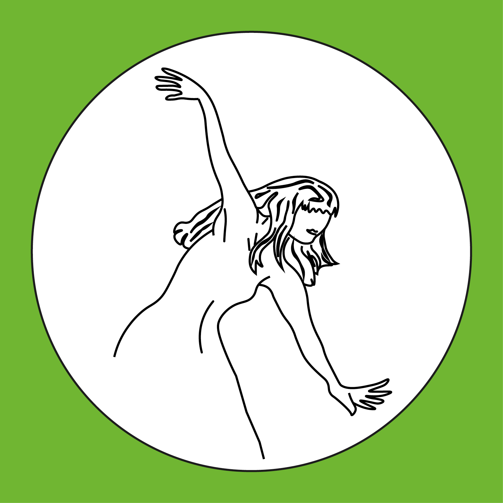 Dansprofilens emblem: en tecknad dansande elev i en vit cirkel på grön botten
