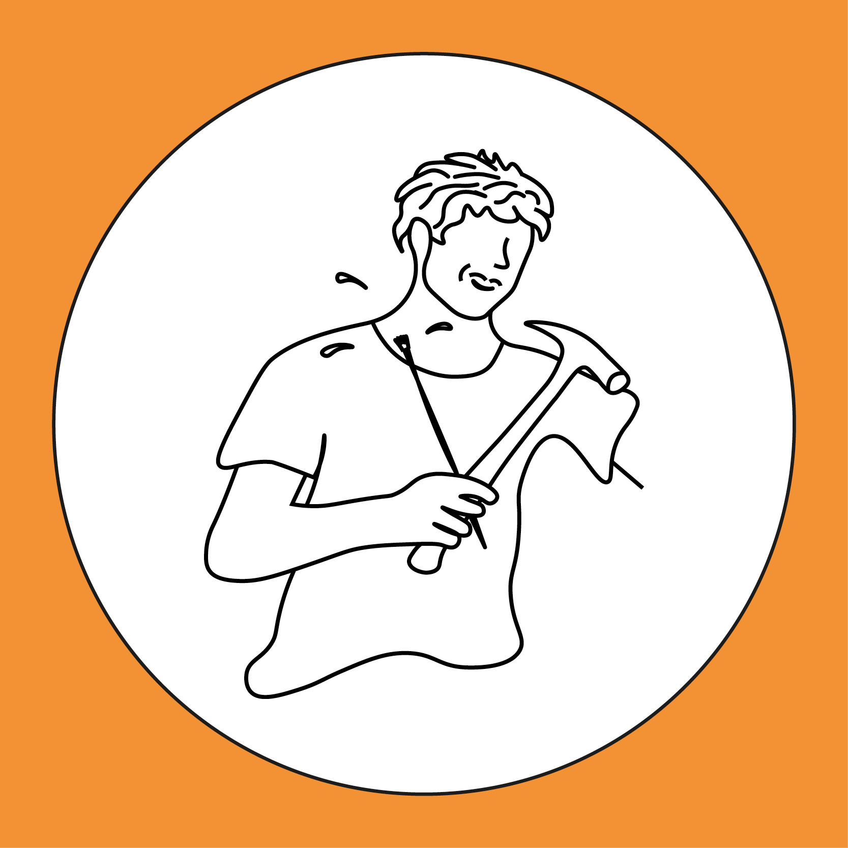 Konstprofilens emblem: en tecknad elev med pensel och hammare i en vit cirkel på orange botten