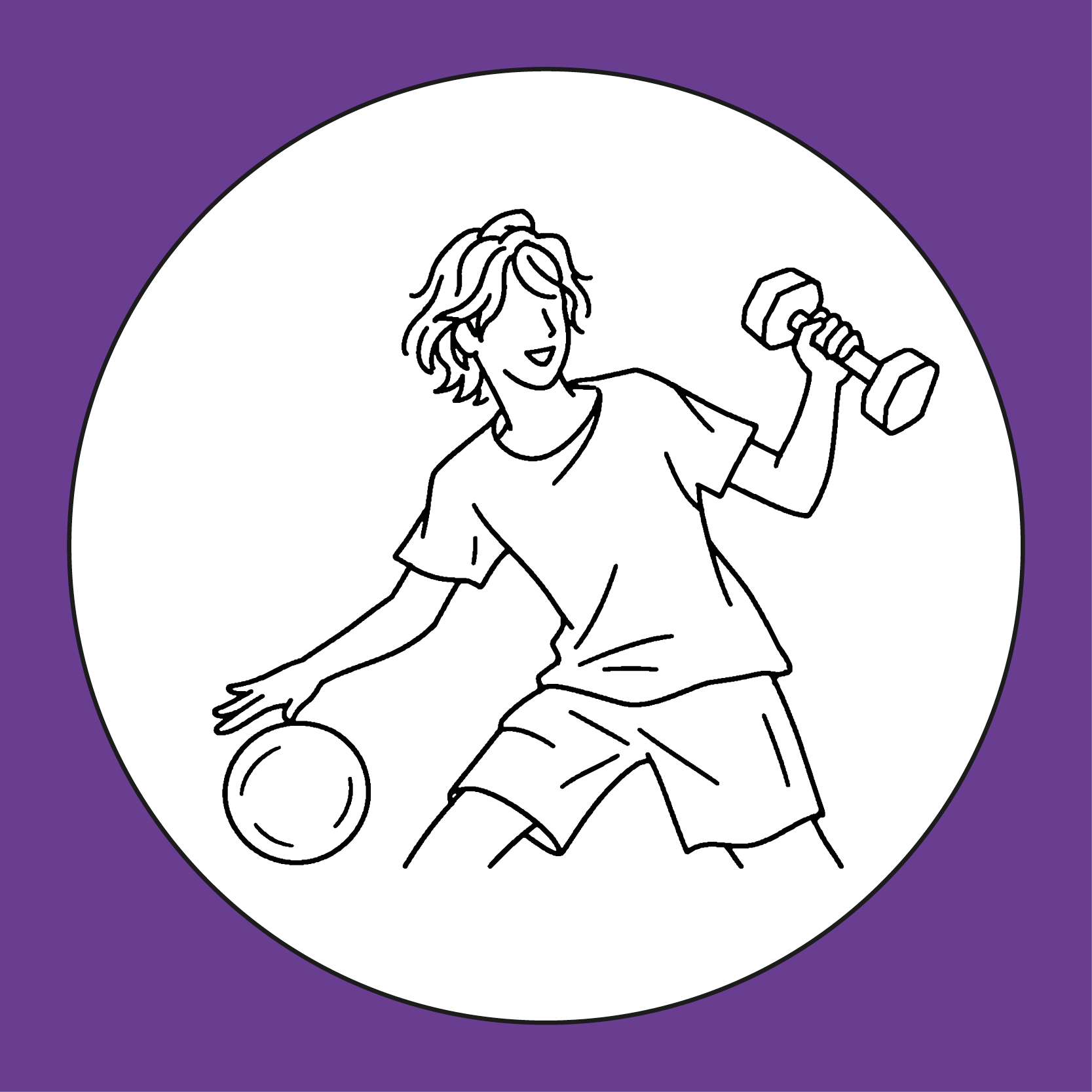 Idrottsprofilens emblem: en tecknad elev med boll och hantel i en vit cirkel på lila botten