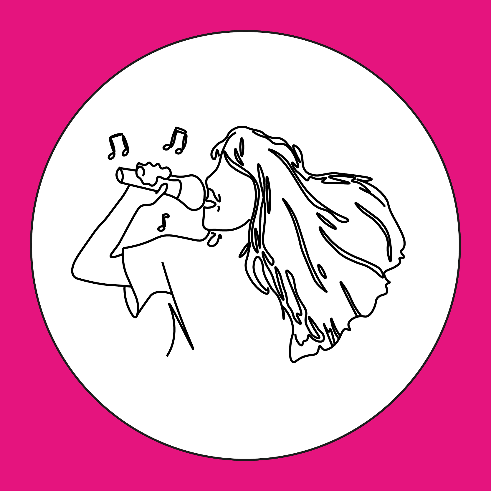 Musikprofilens emblem: en tecknad sjungande elev med mikrofon och noter i en vit cirkel på rosa botten