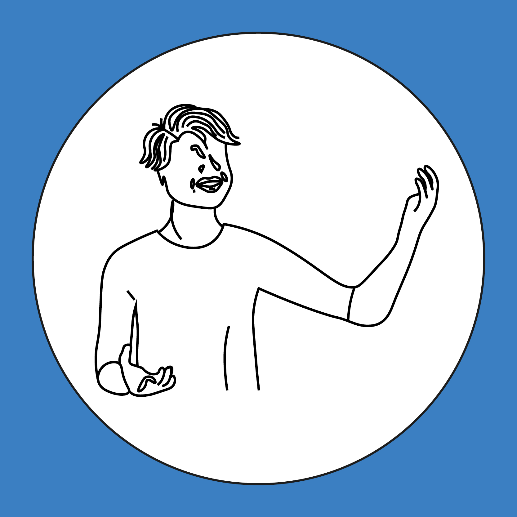 Teaterprofilens emblem: en tecknad gestikulerande elev i en vit cirkel på blå botten