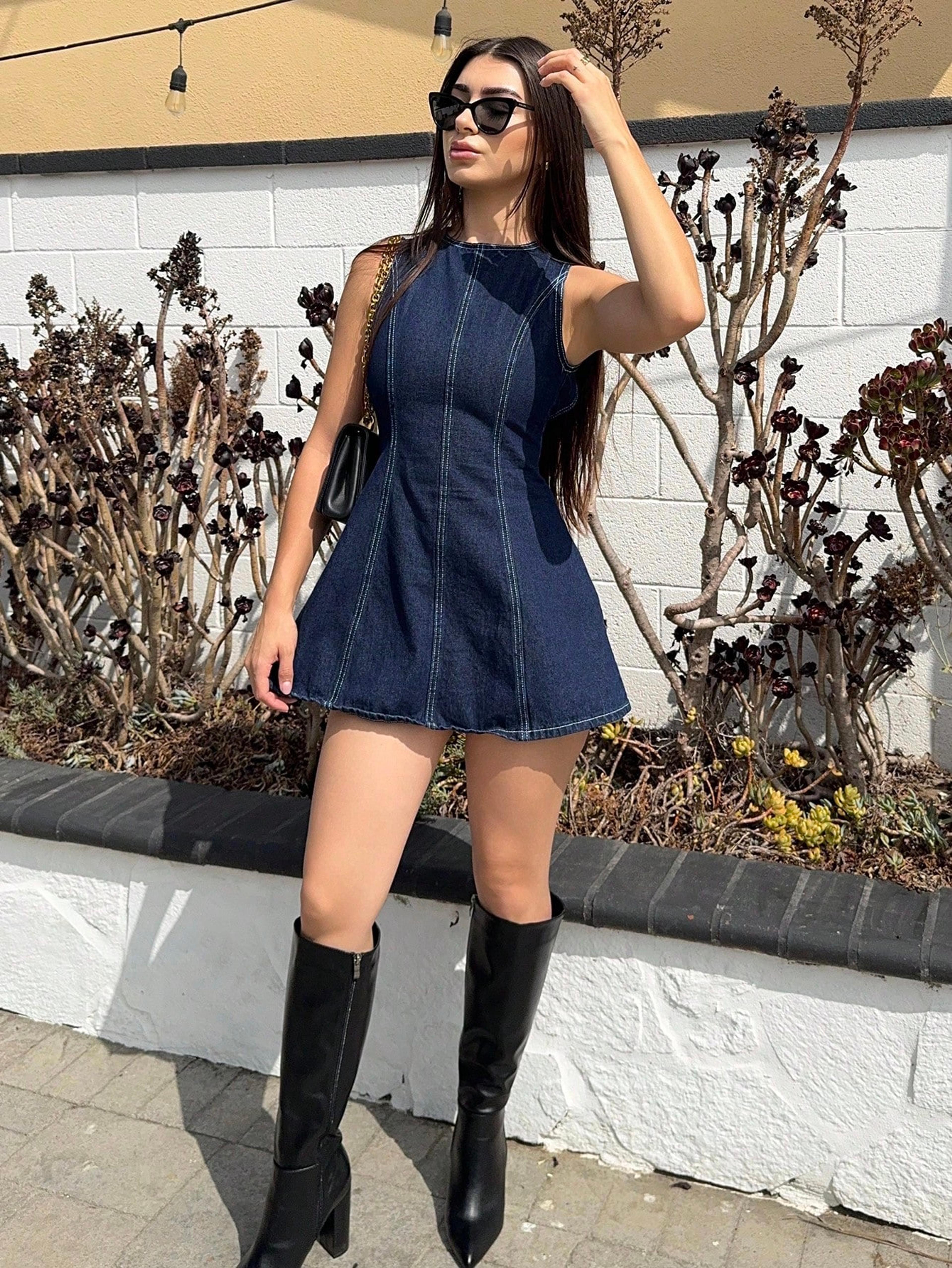 Mini jeans dress with bare back view 1