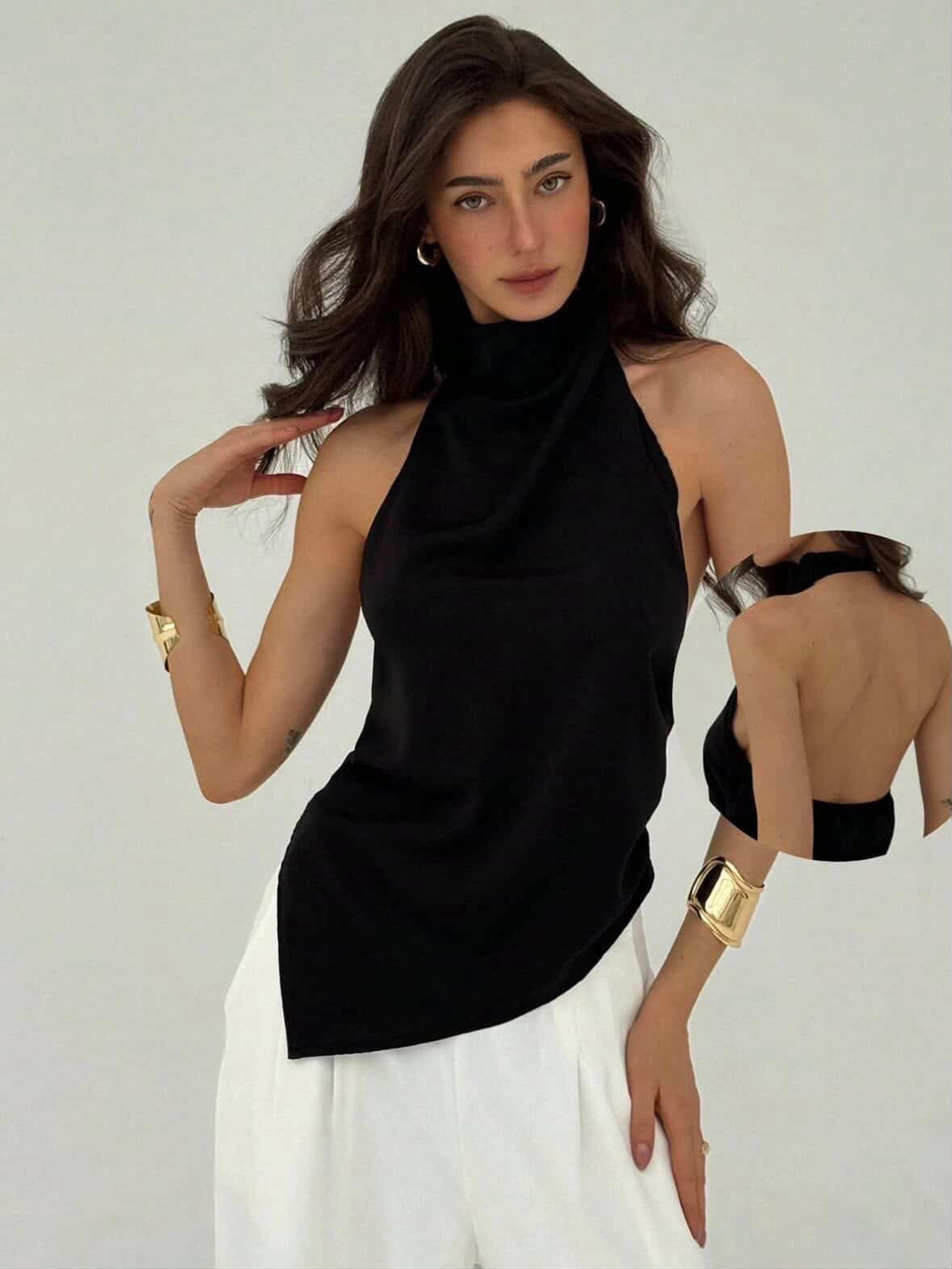 Blusa cuello halter y dobladillo asimétrico 