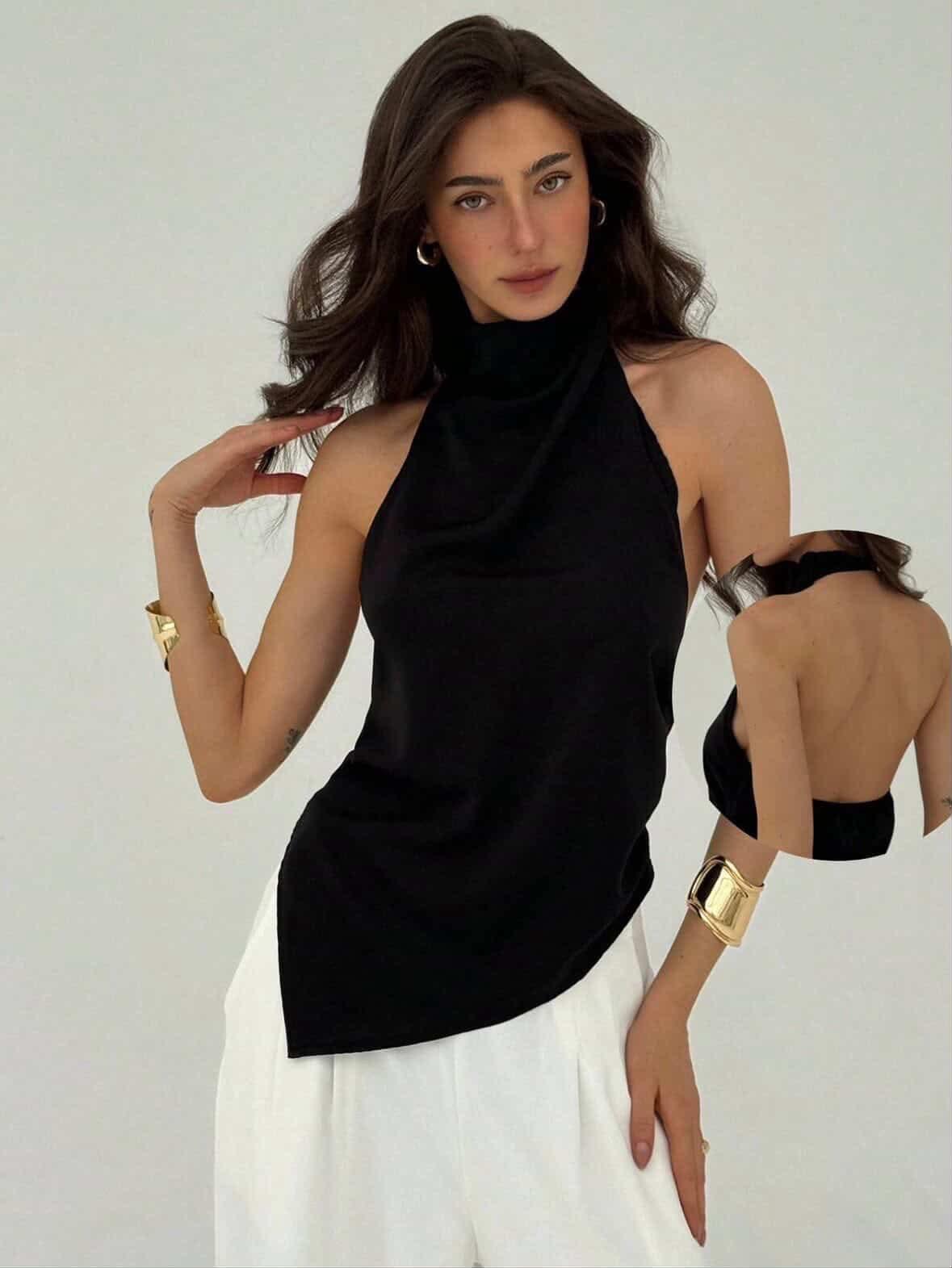Blusa cuello halter y dobladillo asimétrico