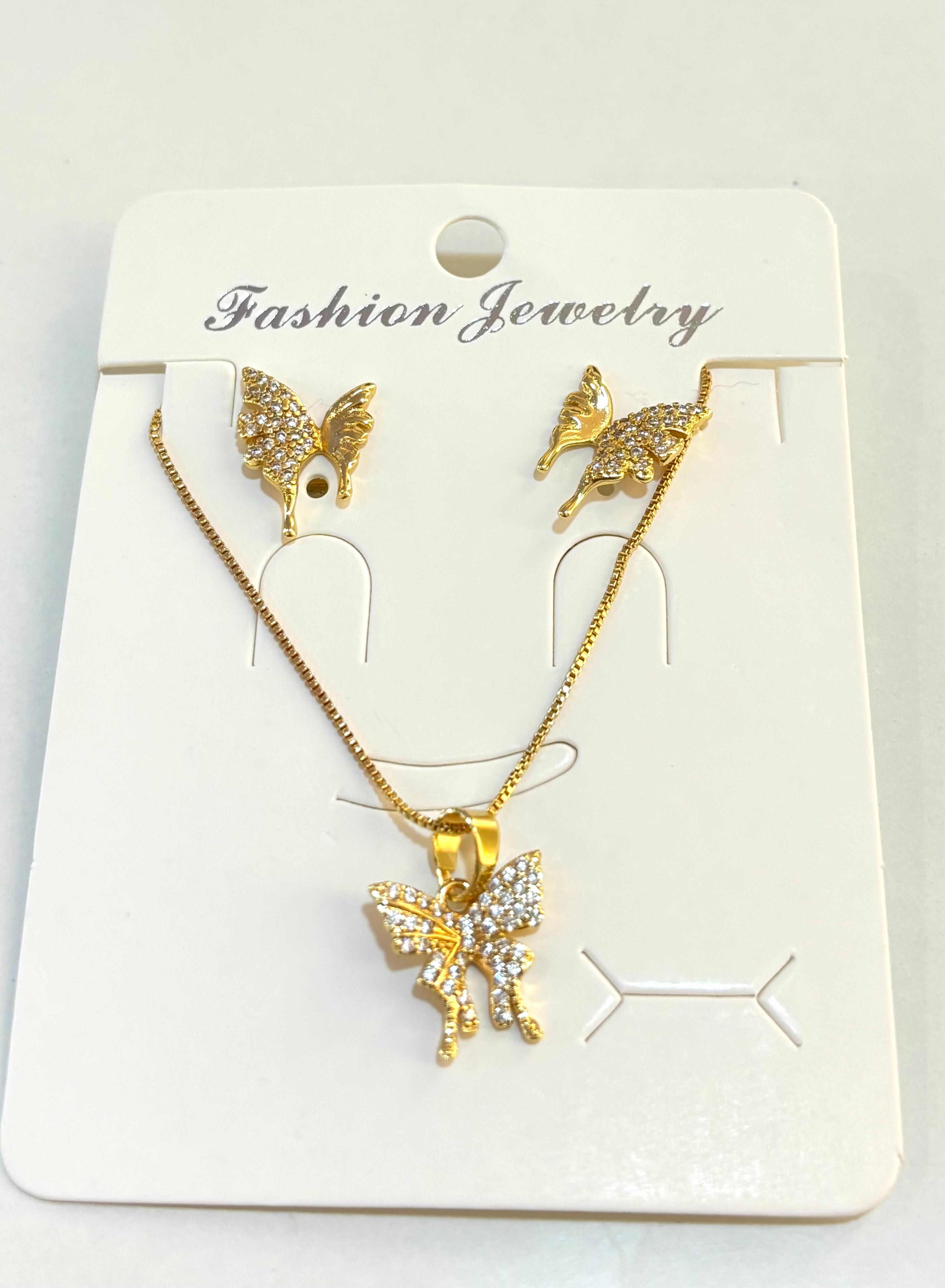 Set of necklace and earring with a sparkling butterfly design