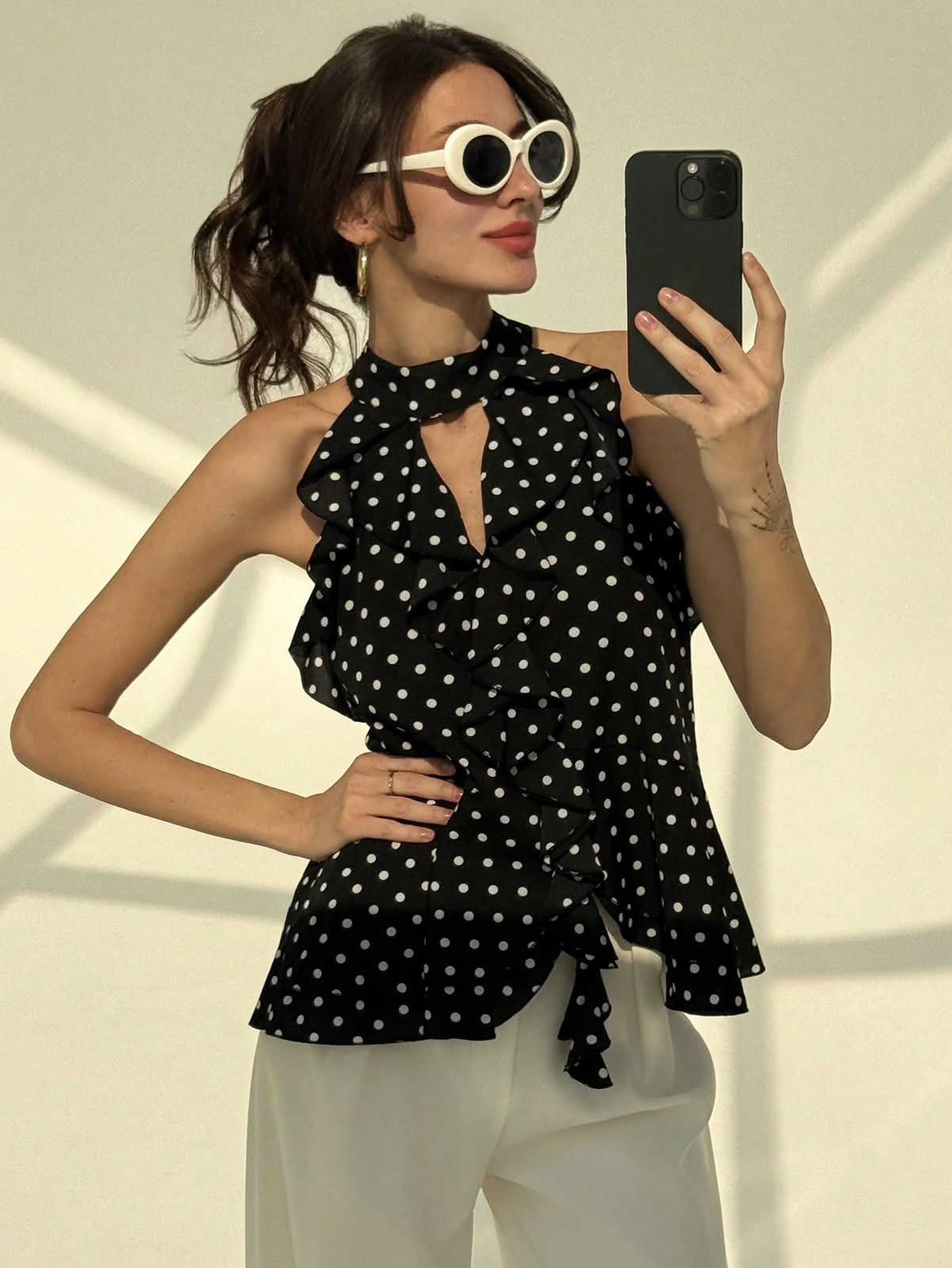 Blouse with white polka dots