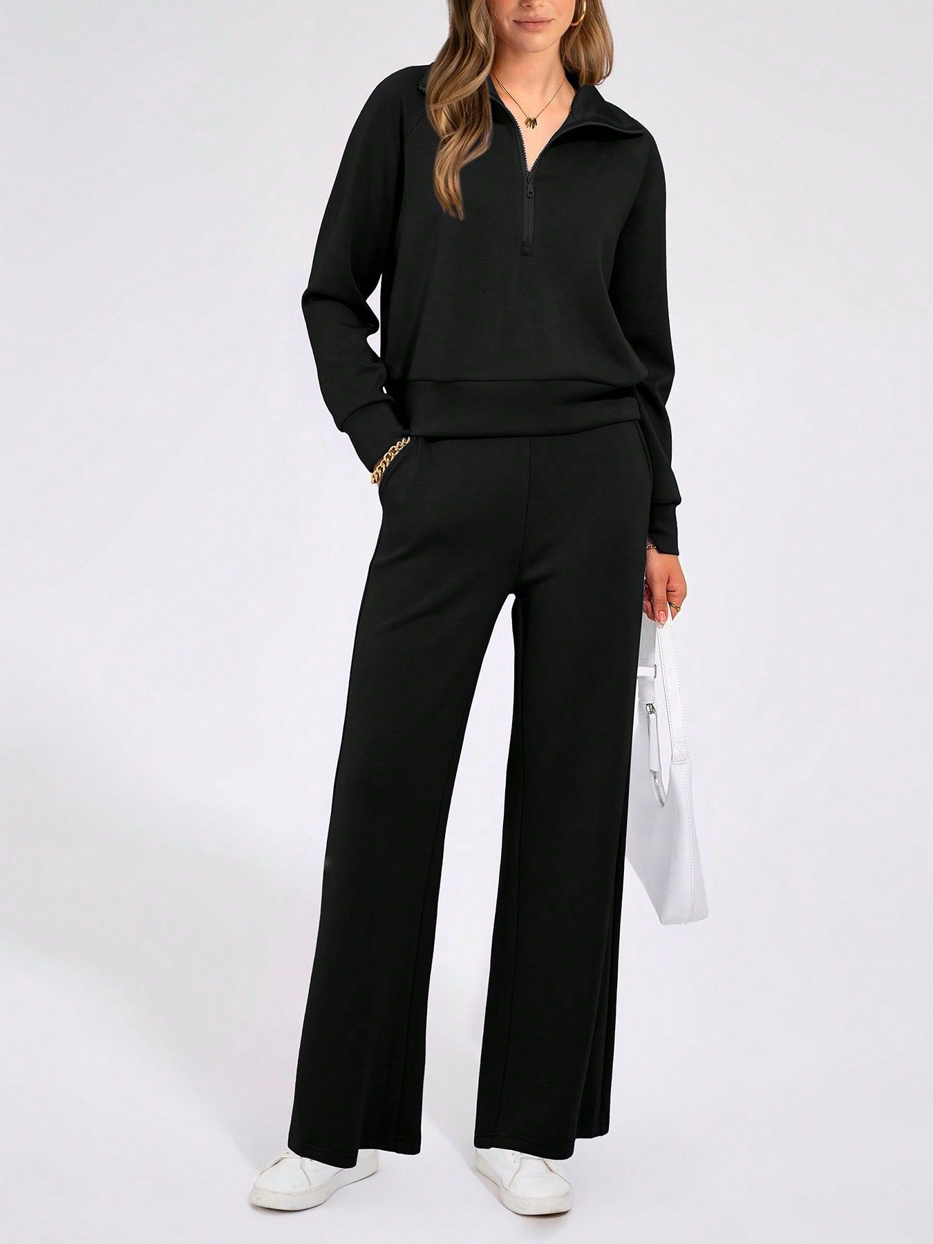 Two-piece sweatshirt and wide leg travel pants set