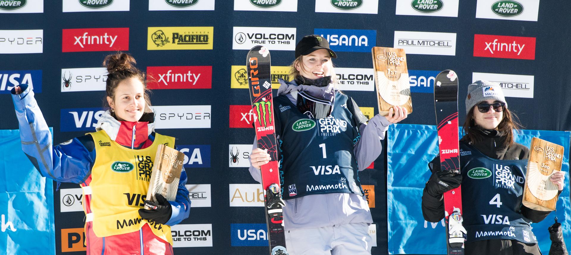 Freeskiers Sharpe, Karker and Bowman podium in halfpipe at Mammoth Mountain Resort