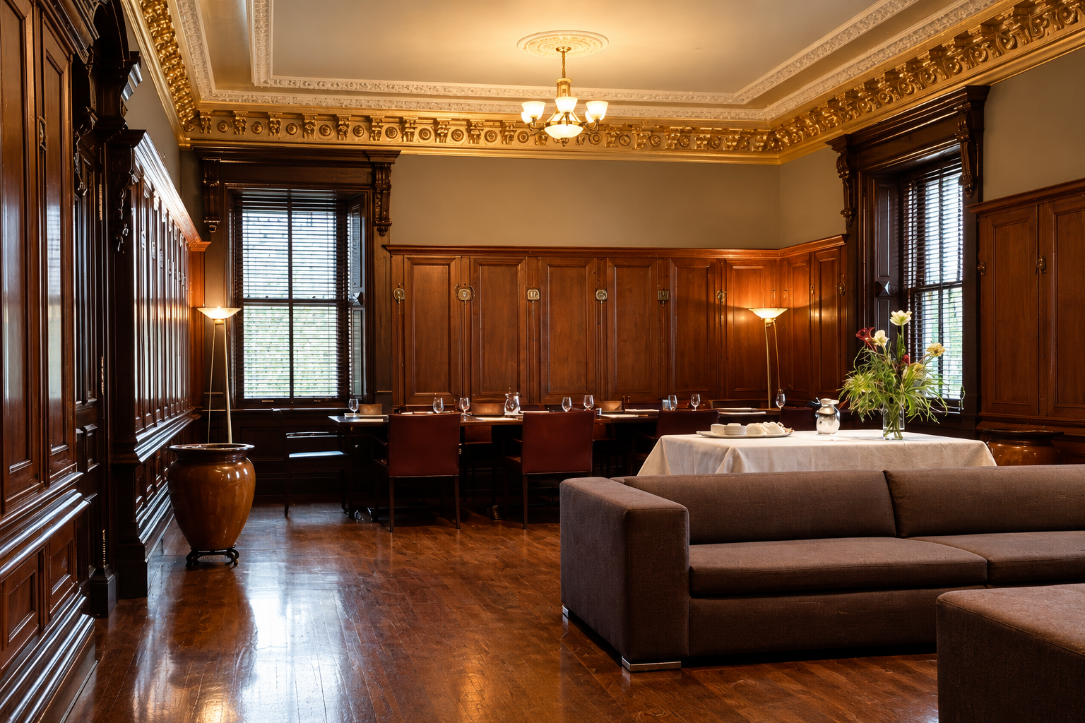 Salle de la commune avec ses boiseries et son lustre