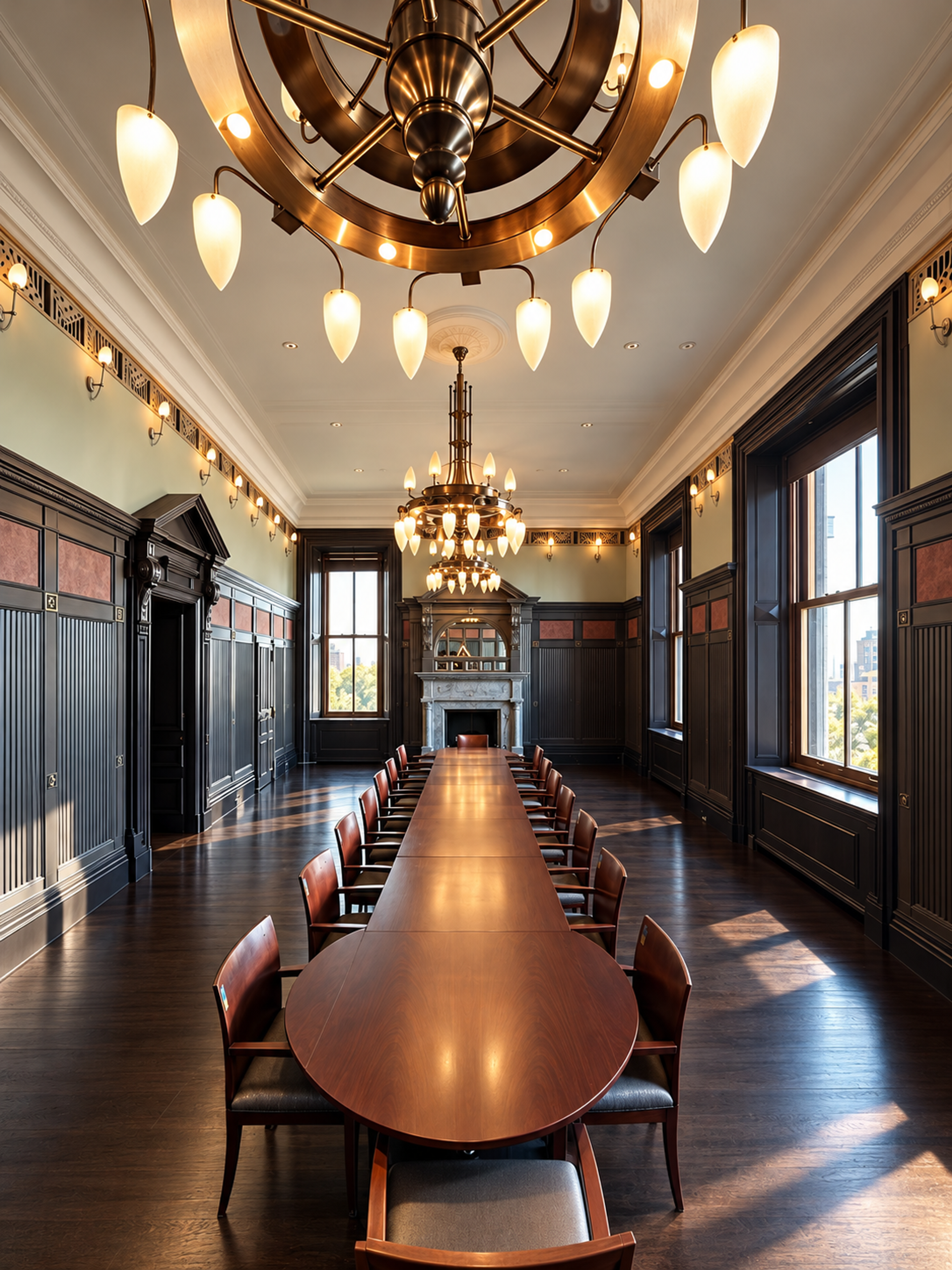 La grande table de la salle de la Commune sous ses lustres