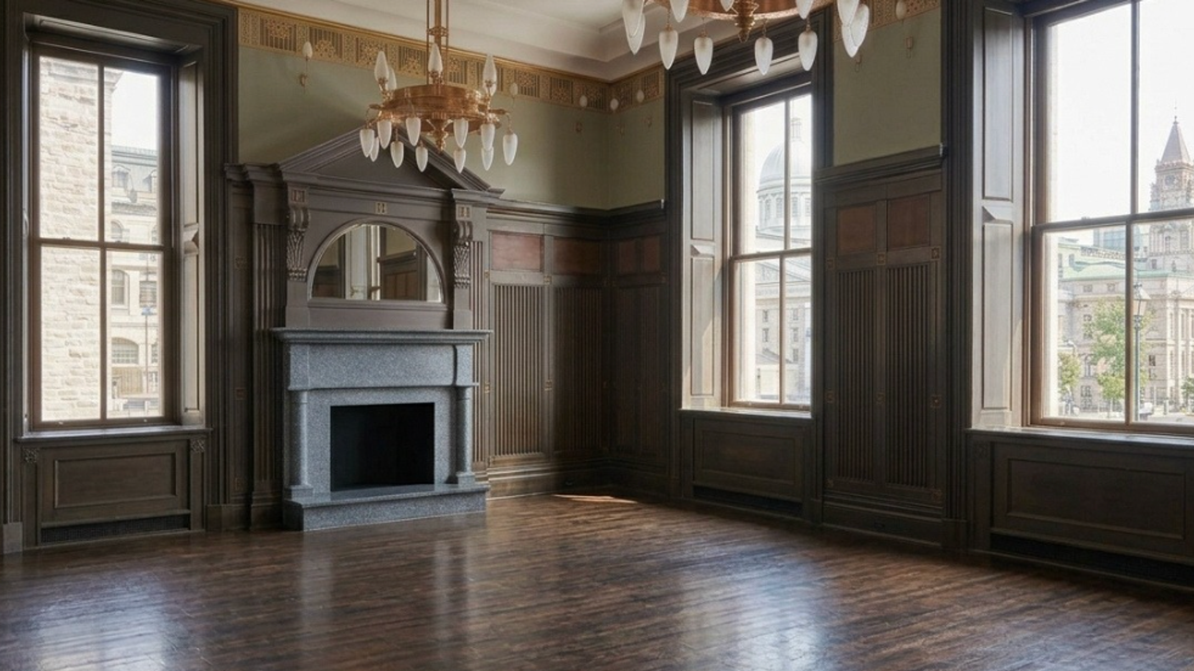 Salle plénière avec sa longue table et ses boiseries